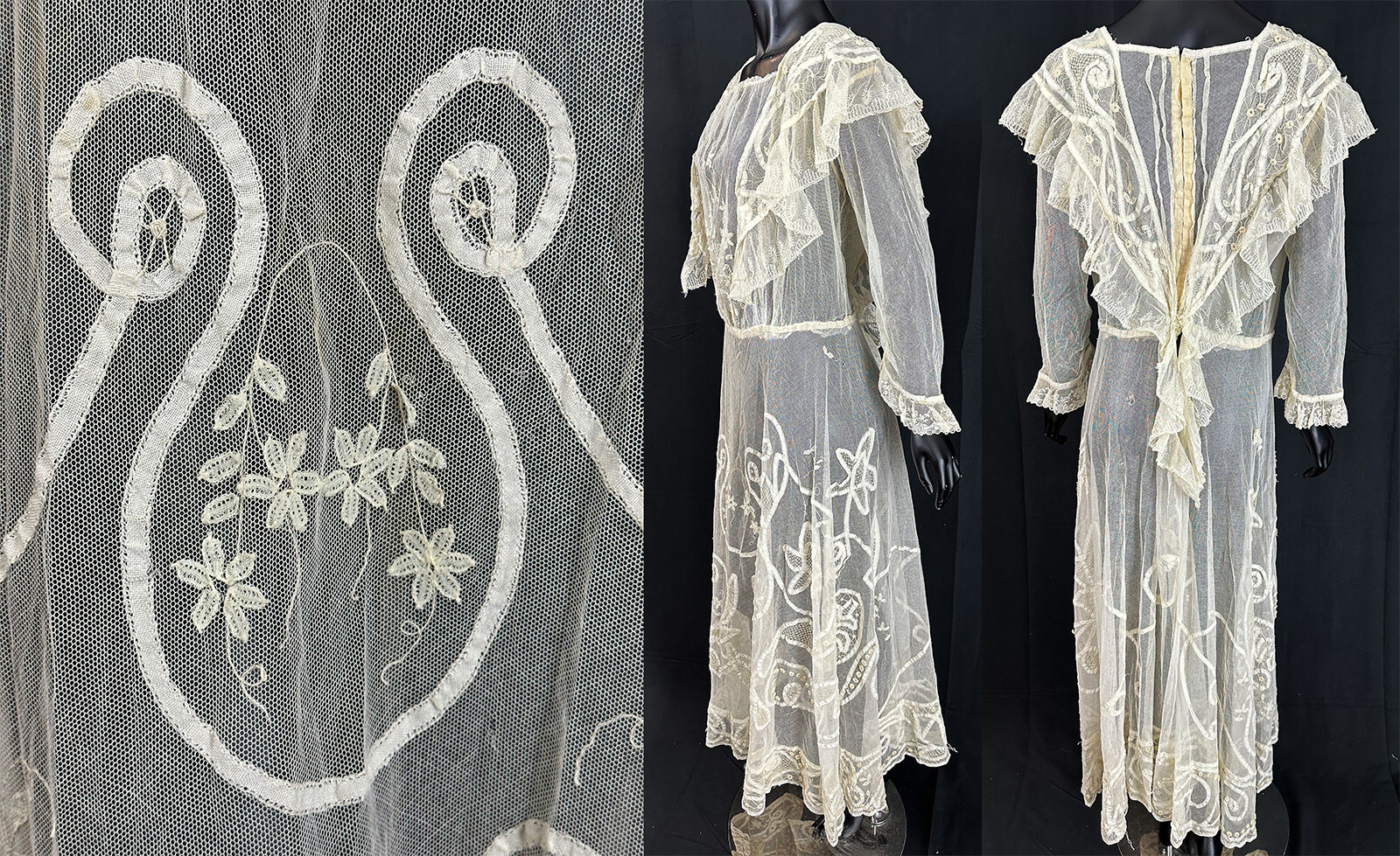 Edwardian Antique Princess Brussels Applique Duchesse Bobbin Tape Lace Dress VTG