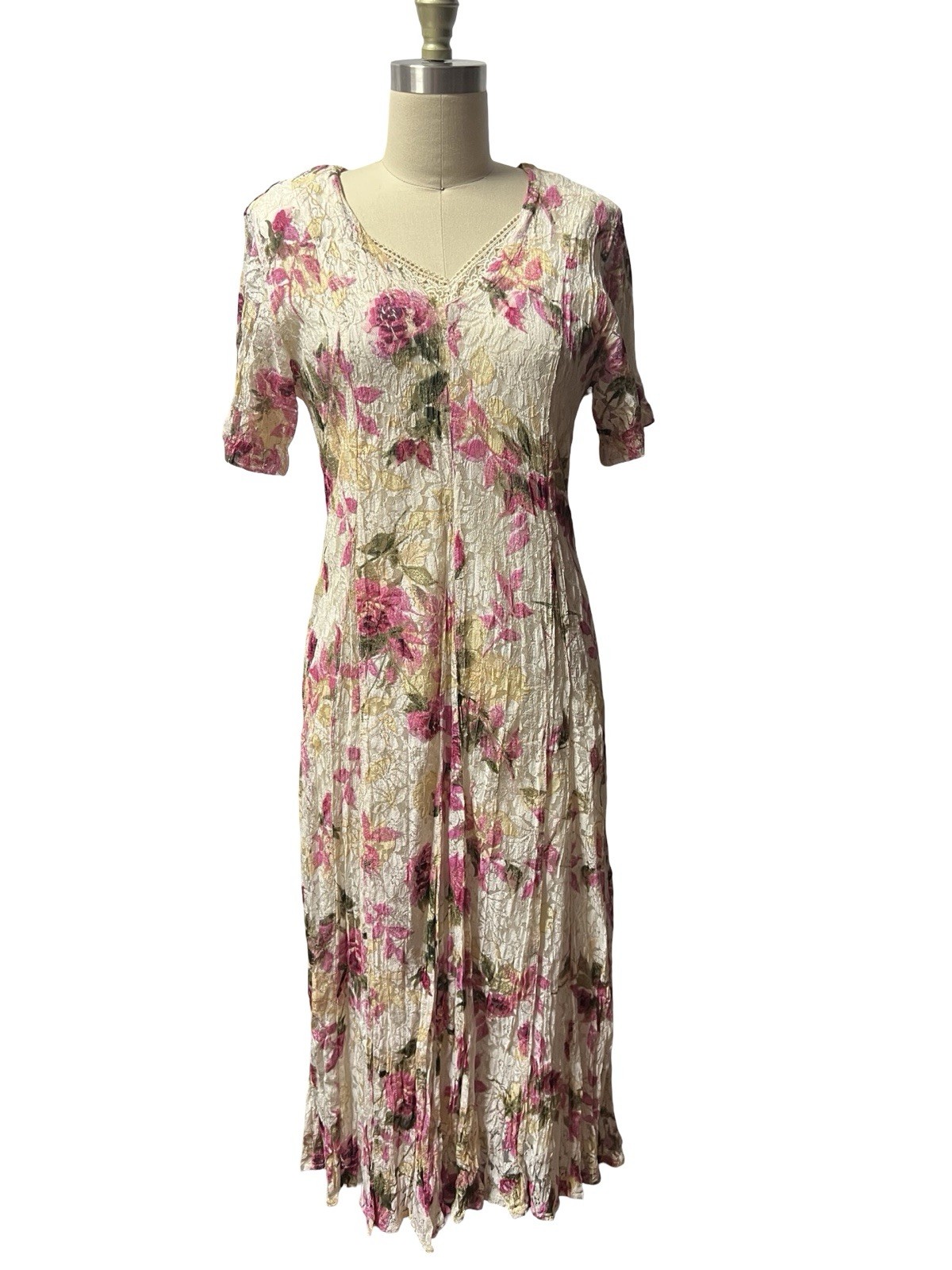 Vtg 90s Cream Rose Floral Dress Nostalgia M Rayon Crinkle Goth Grunge Boho M