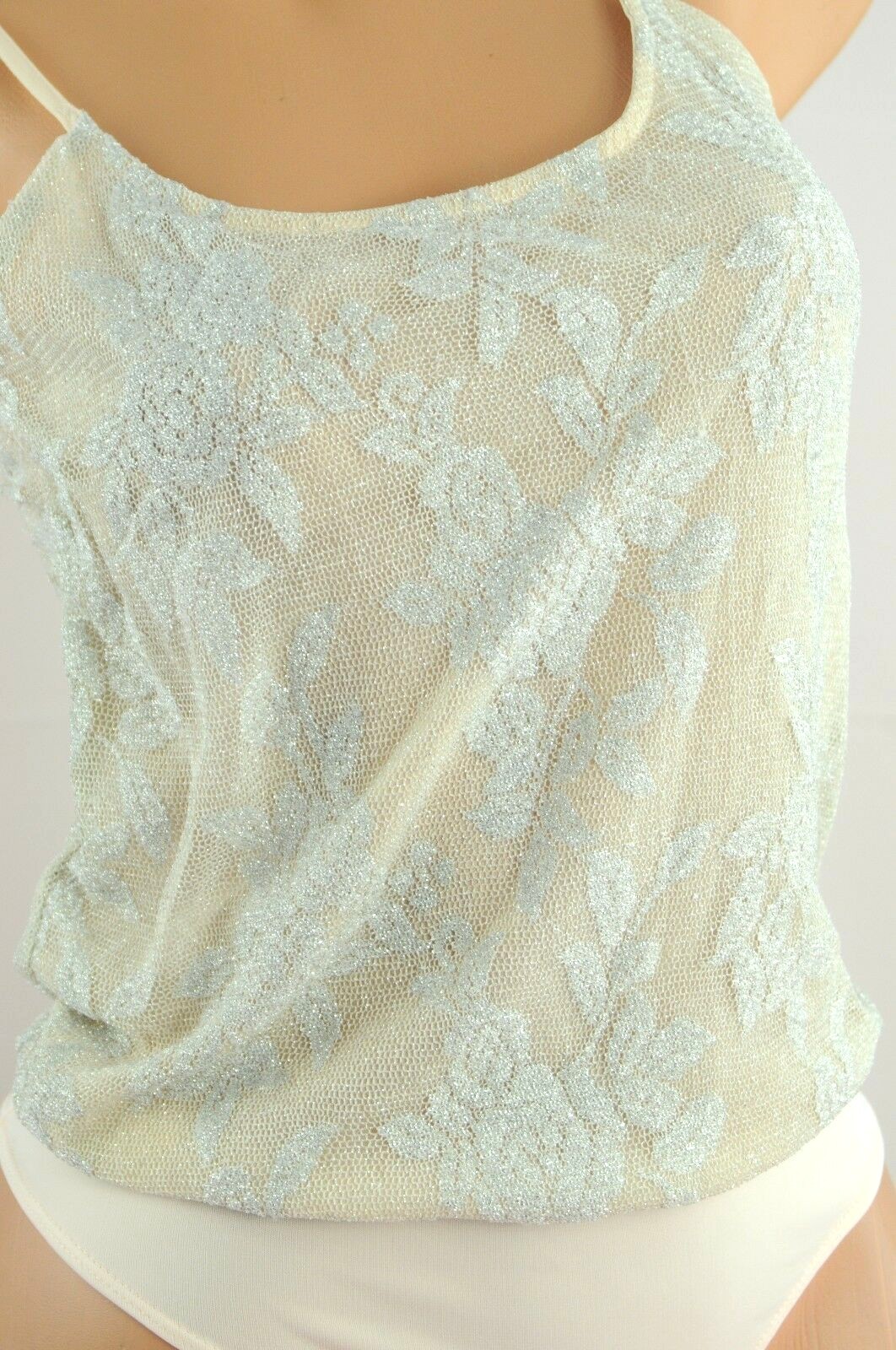 Bershka Silver Metallic Lamé Chiffon Sissy Snap Closure Teddy Romper Slip sz S