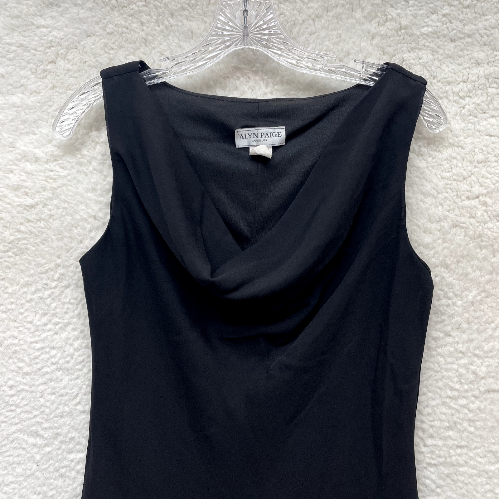 90s Vintage Mesh Midi Dress 12 Large Black Cowl Neck Cocktail Formal Sheath LBD