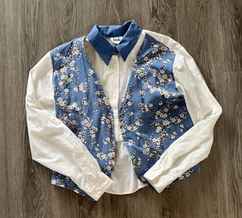 Vintage Floral Blue & White Waistcoat/Vest & Shirt, Western Elegance, Size M/L