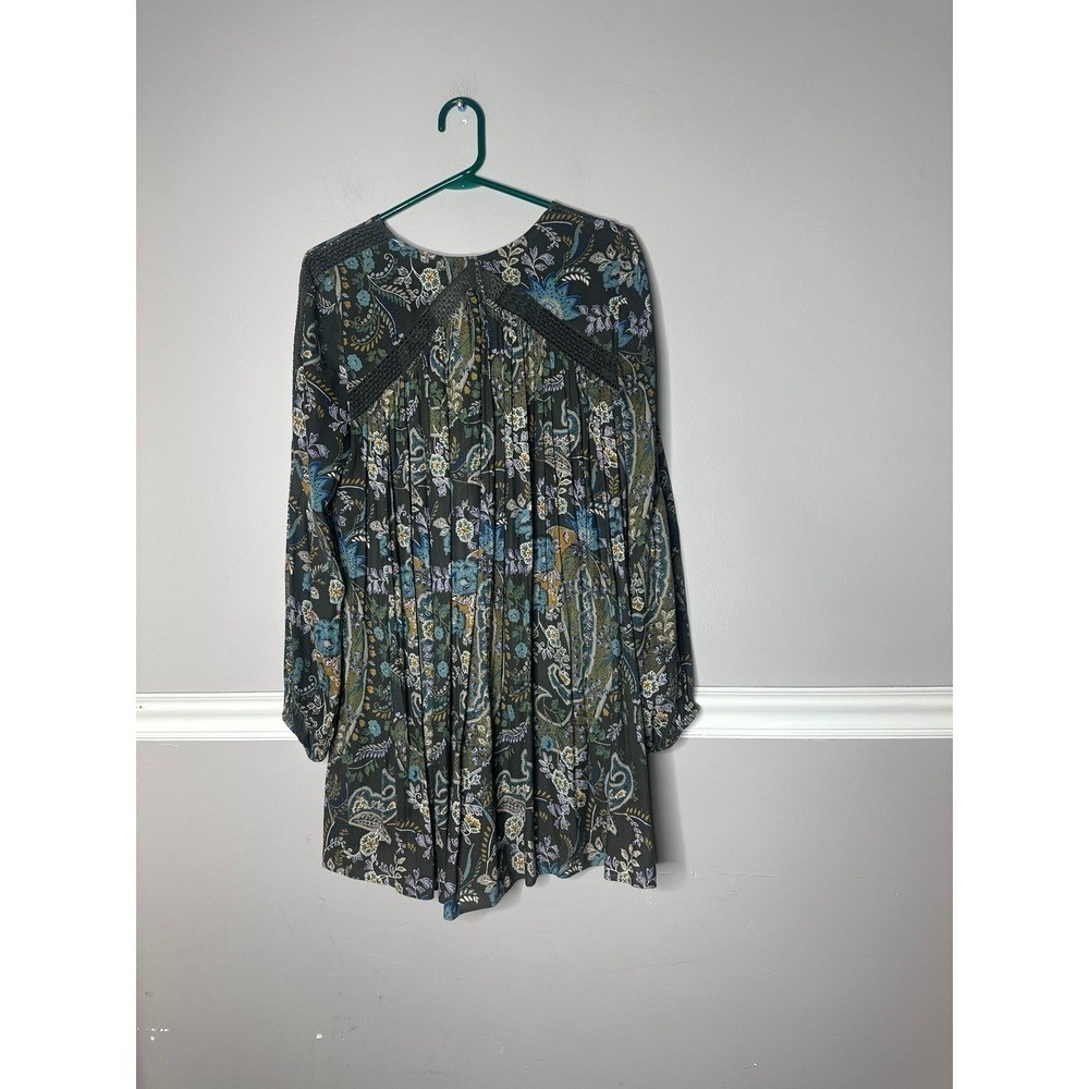 Free People Mini Dress Boho Baby Doll Lined Moss green S/P Peasant Flowy 80s