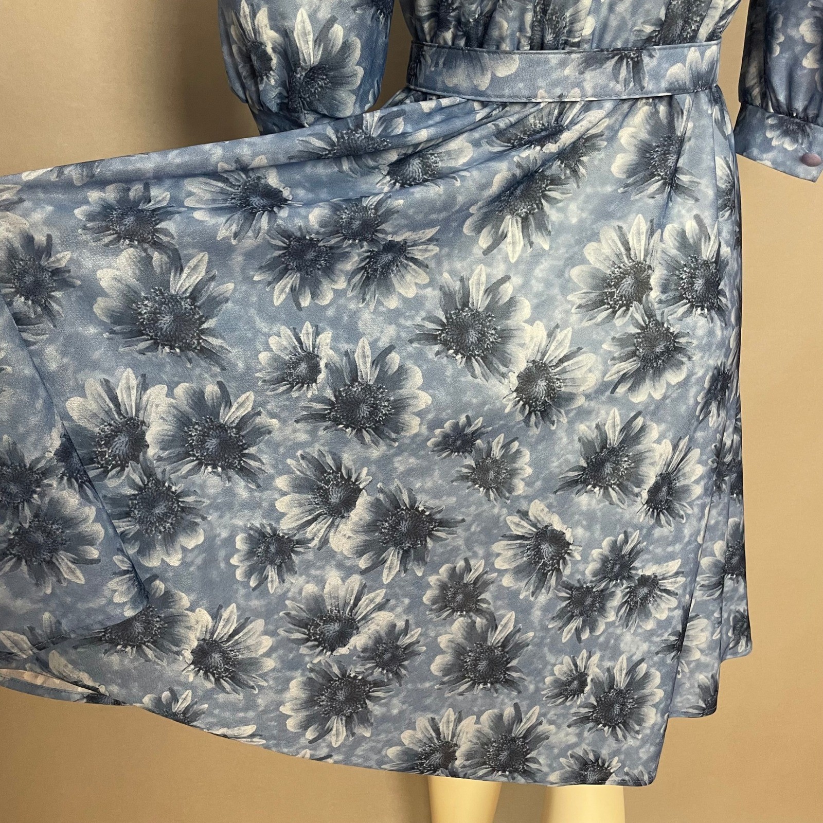 Vintage 80s Floral Dress Women Blue Belted Retro A-Line Belted Collared Eclectic