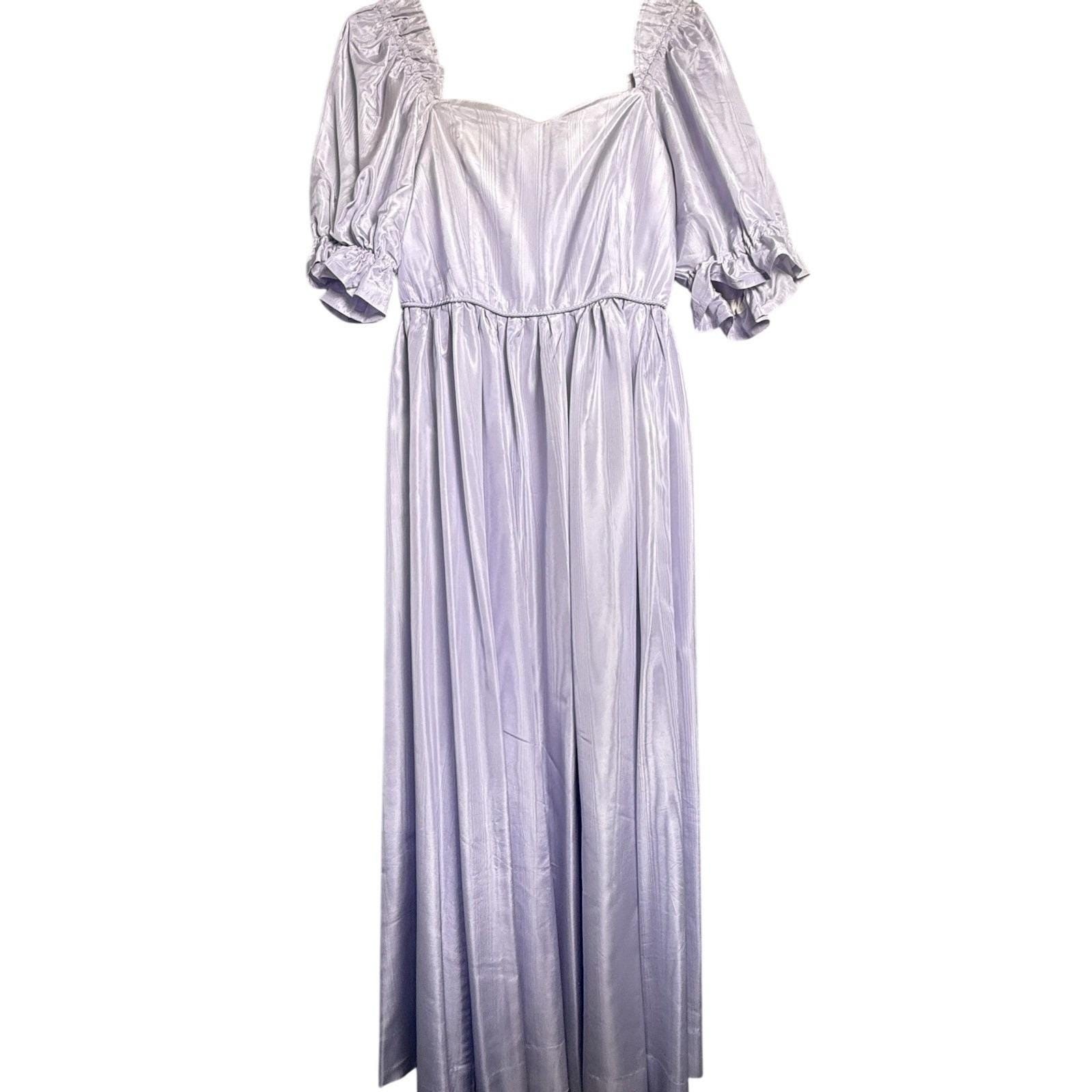 Vintage 70s Lavender Purple Fairy Princess Maxi Long Dress Satin Puff Sleeve MED