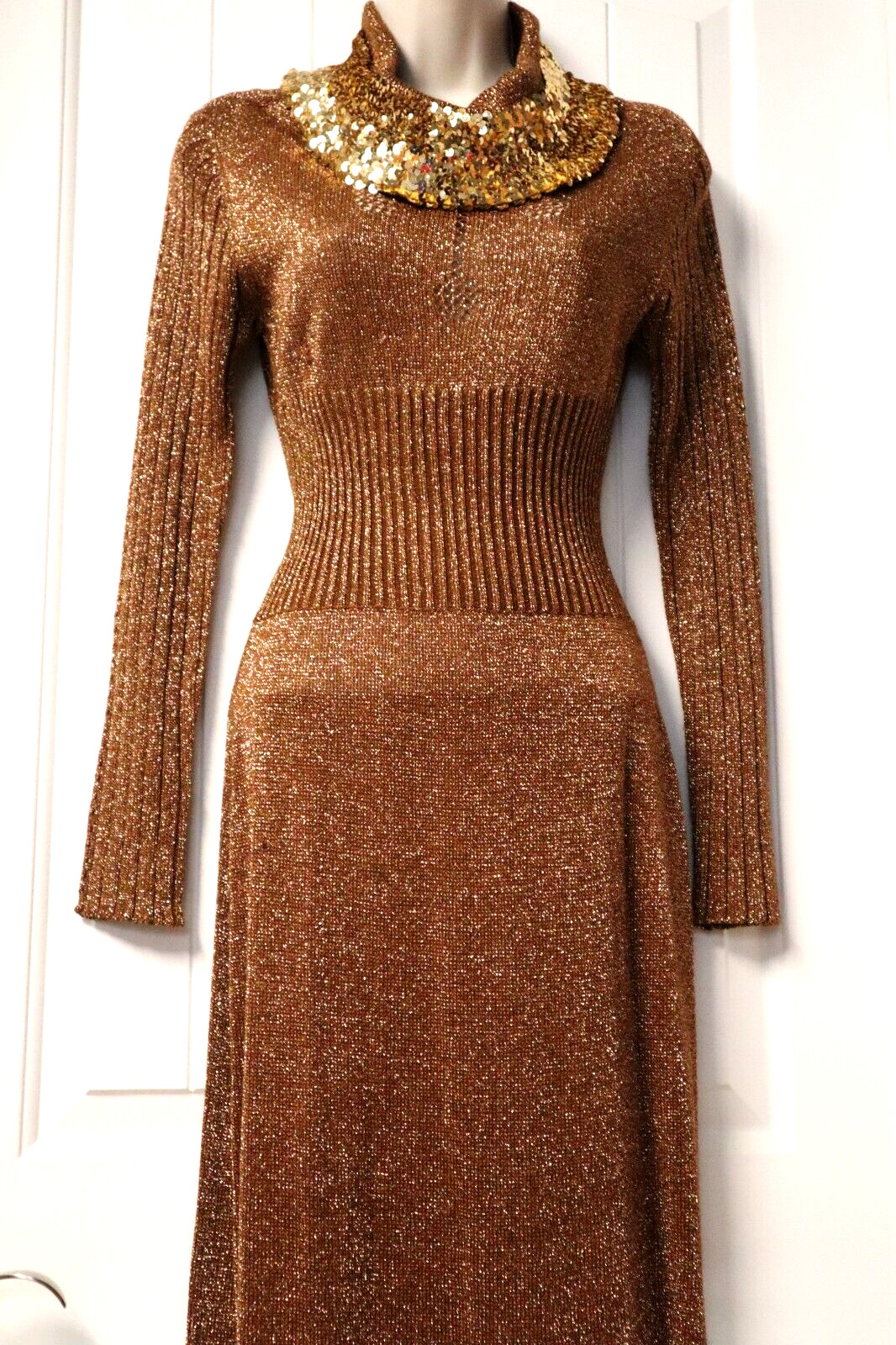 Vintage 1970s Wenjilli Glam Lurex Knit Sparkling Copper Maxi Dress size 7/8