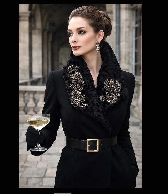 Late 1970s J. Mendel Paris Black Swakara Lamb Jeweled Couture Collar – 32″ Long