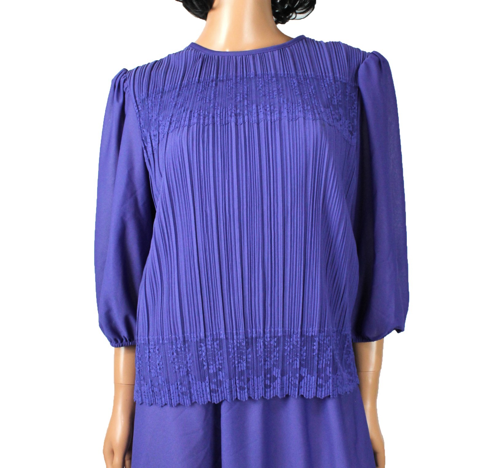 80s Secretary Dress 12P L Vintage Purple Pleated Stretchy Semi Sheer Crepe