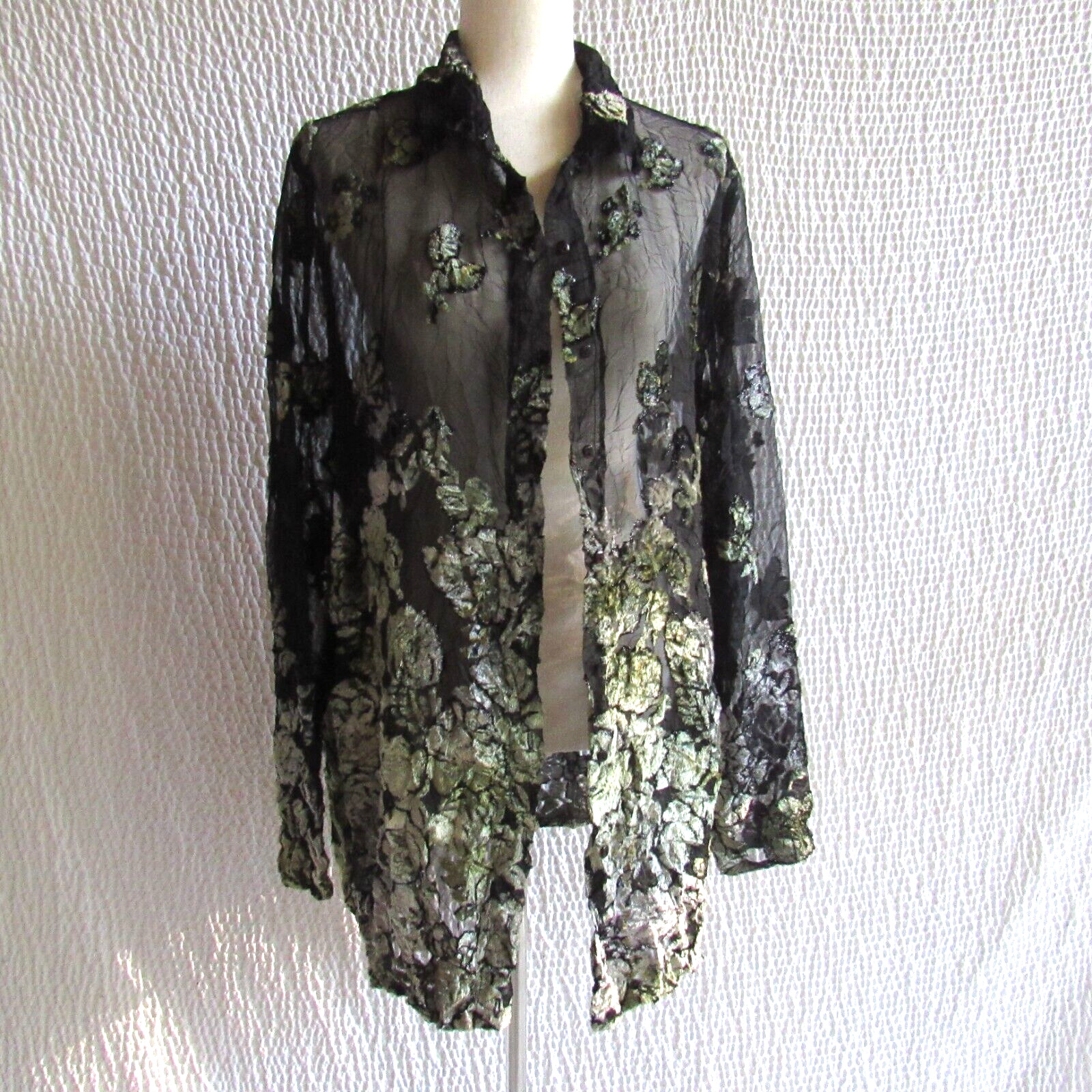 Evening Shirt Cardigan Wrap Green Velvet 3D Metallic Embossed Top XL Vtg Jacket