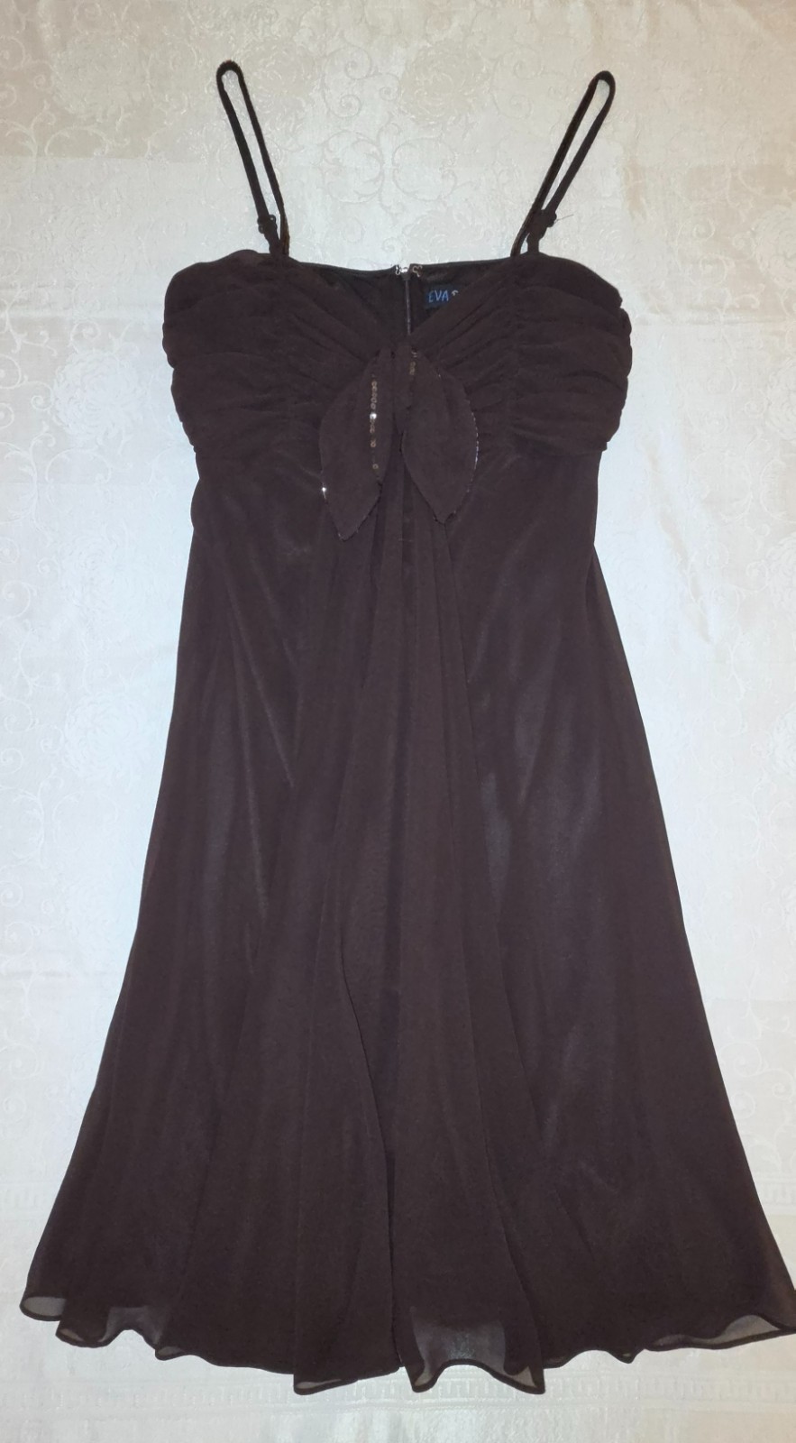 VINTAGE Eva Blue Chocolate Brown Chiffon Dress w/ Adjustable Straps, Sz 8