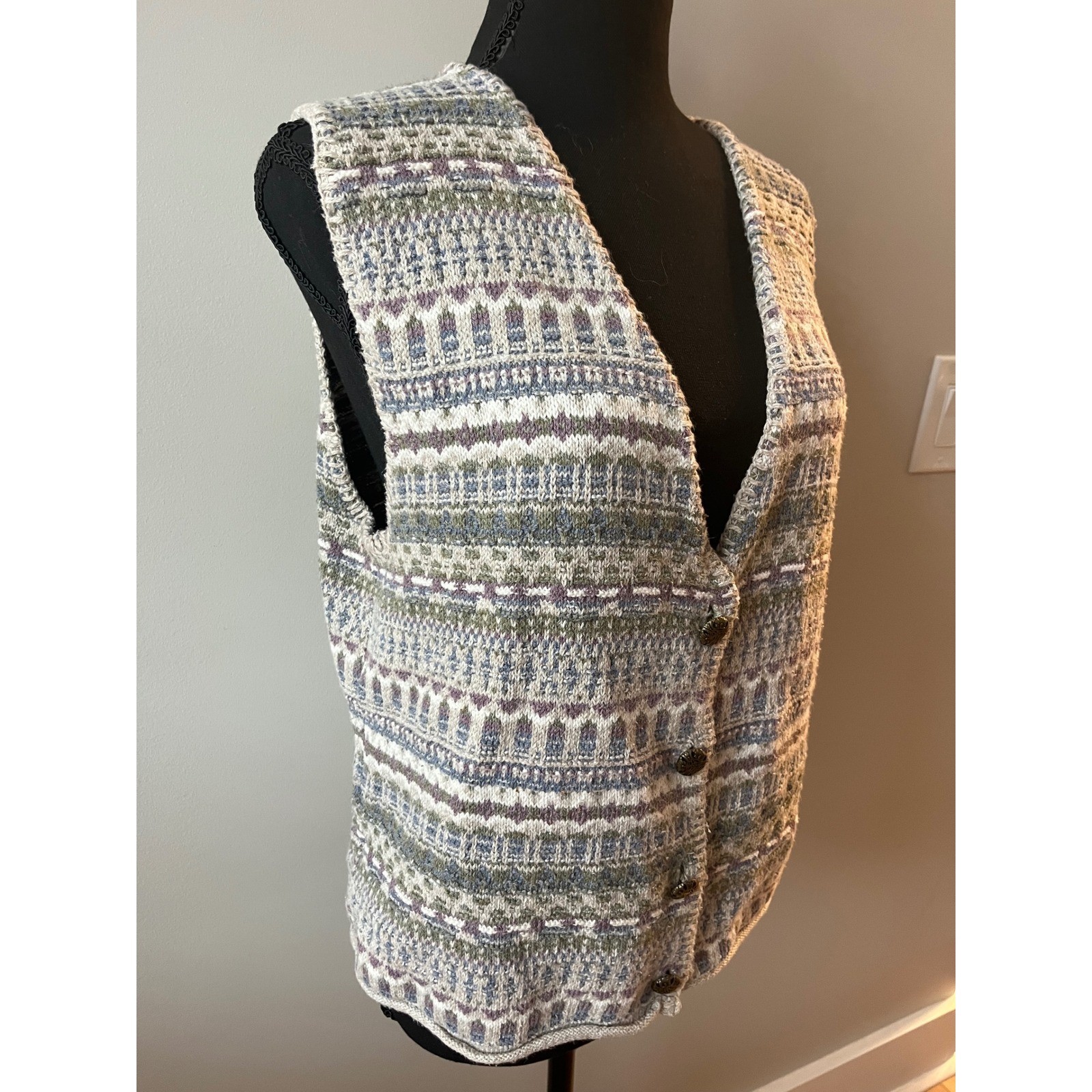 Vintage Alps Womens Fair Isle Knit Sweater Vest Earth Tone Cotton Blend USA Made