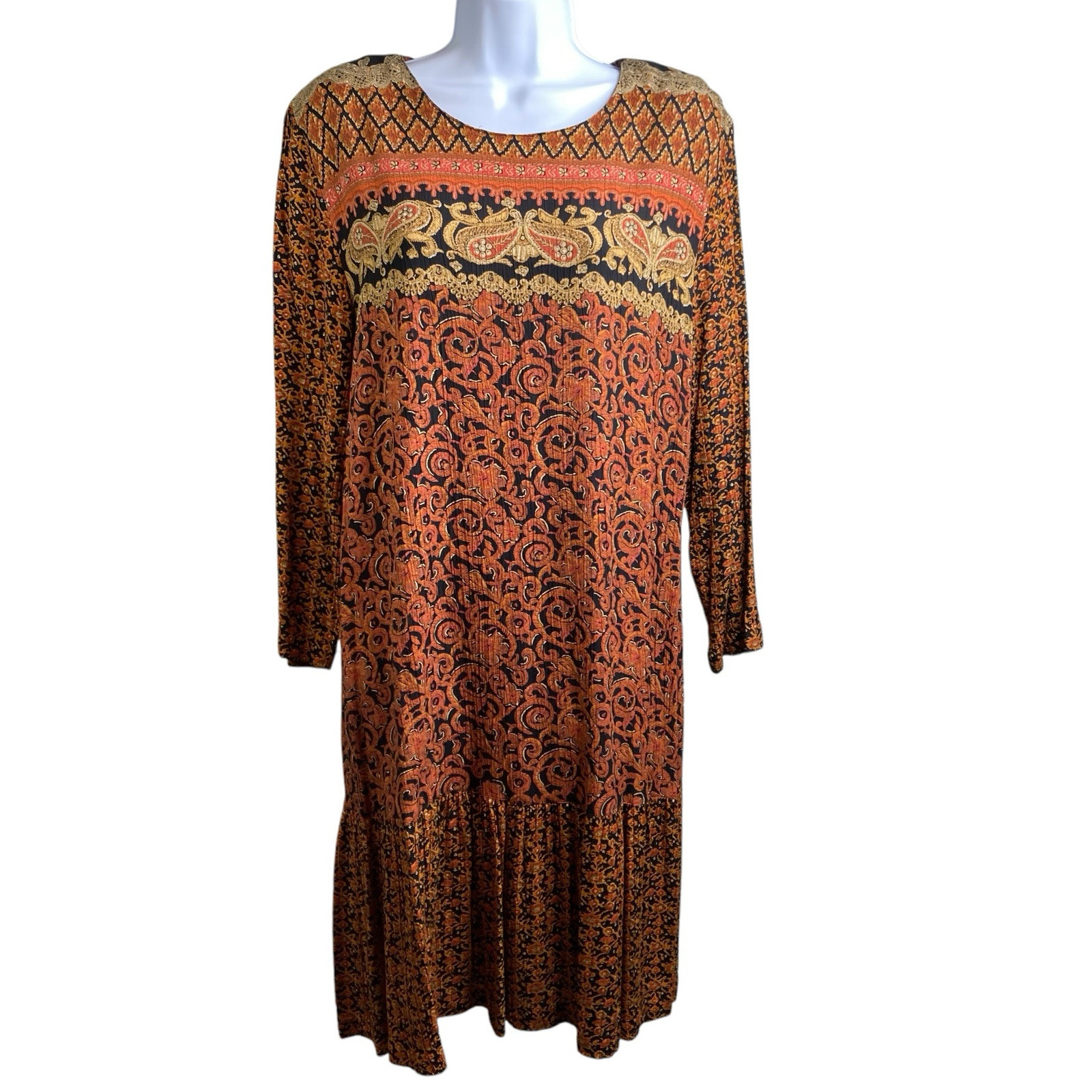 VTG 80s Carole Little Orange Baroque Print Midi Dress 14 Boho Regal Cottagecore
