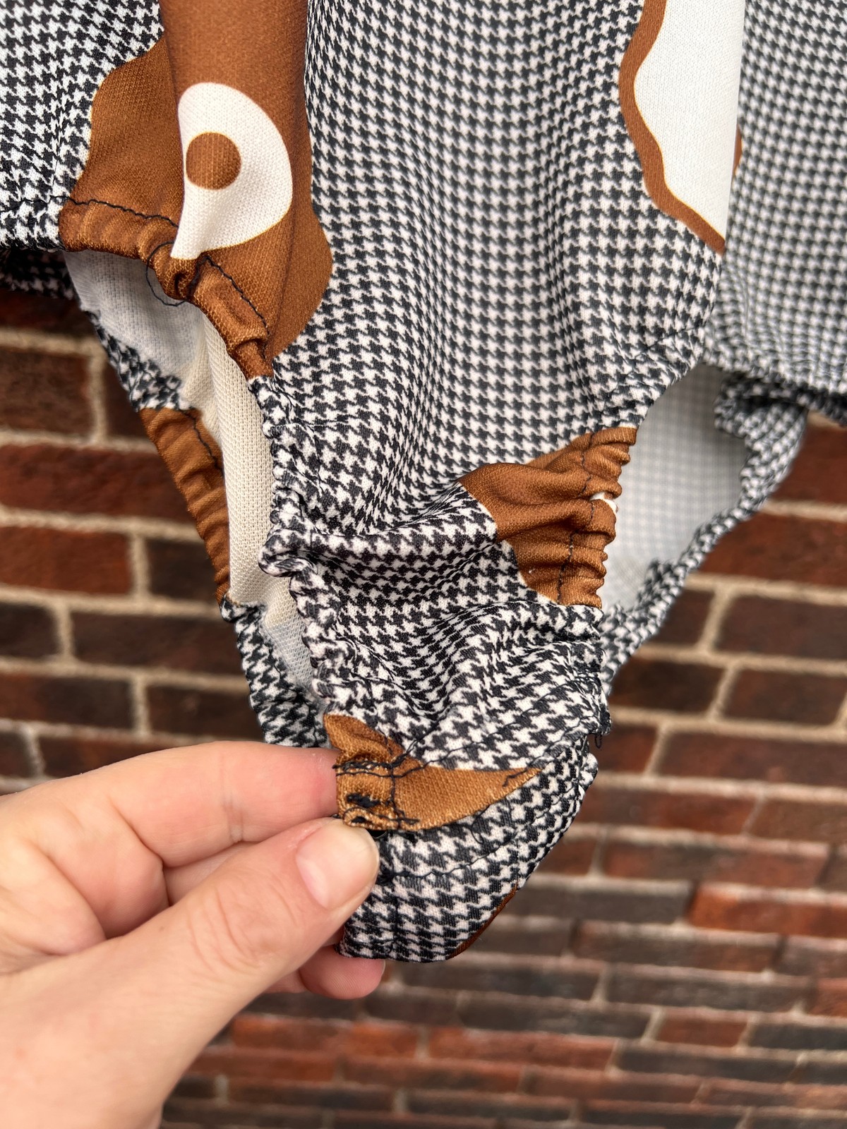 1970s Pop Art Button Up Bodysuit in Houndstooth with Mustard Florals, Medium