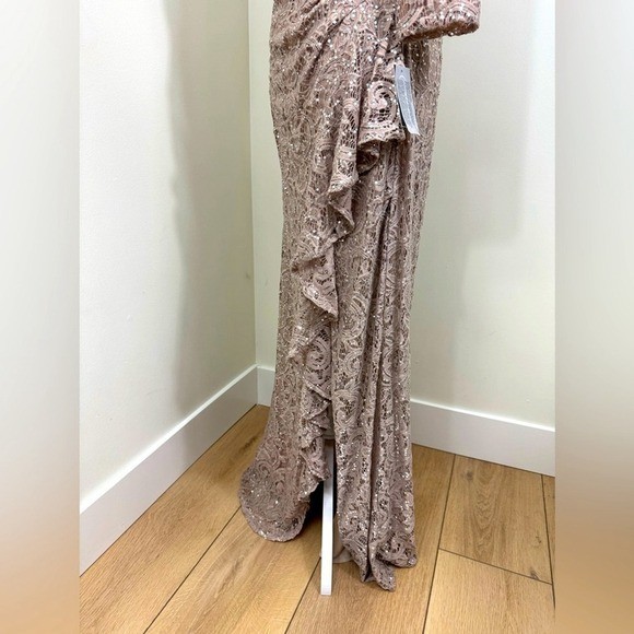 Alex Evenings Sequin Lace Gown 3/4 Sleeves Cascade Detail Front Slit Size 8 NEW