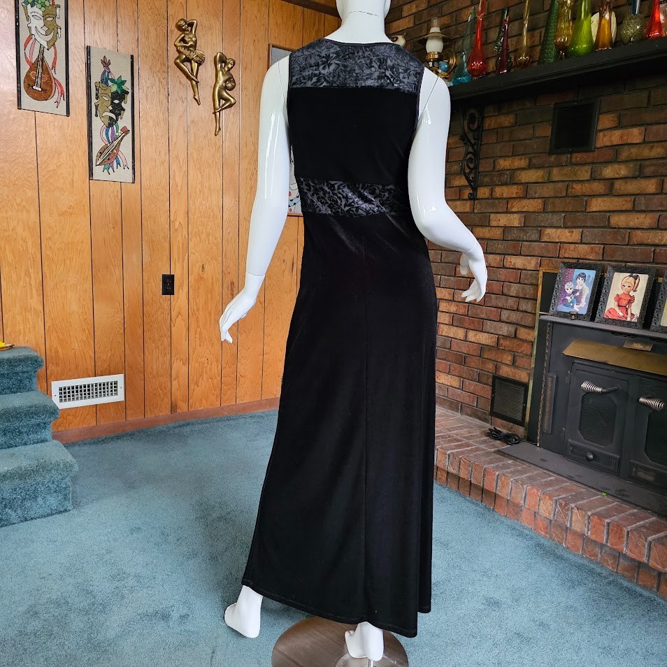 Vtg 90s Goth Club Sheer Burnout Velvet Stretch Maxi Dress Evening Prom Gown S/M