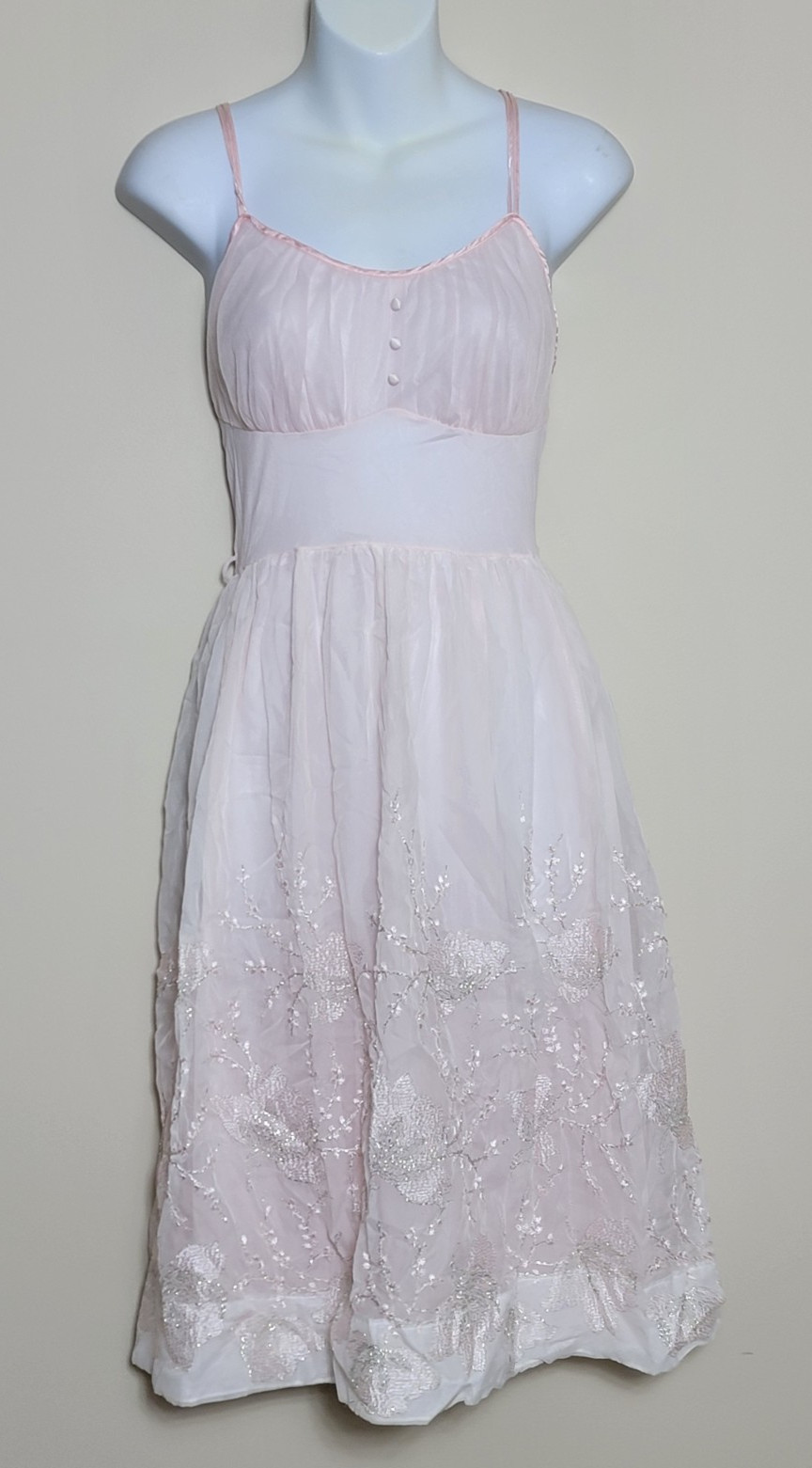 Vintage 50s Sheer Pink Nylon Nightgown White Embroidery Sz 36 M Laros Romantic