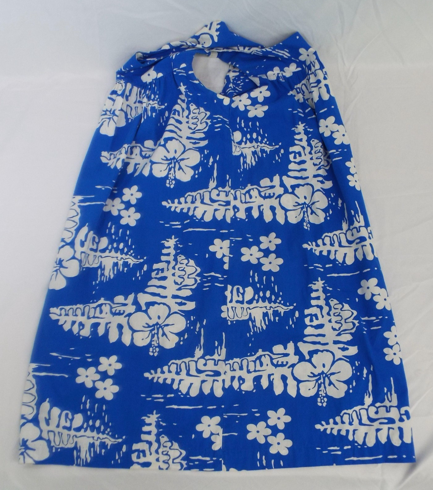 Vintage Ui-Maikai Hawaiian Dress Blue Hibiscus Floral Cotton Sundress Hawaii S/M