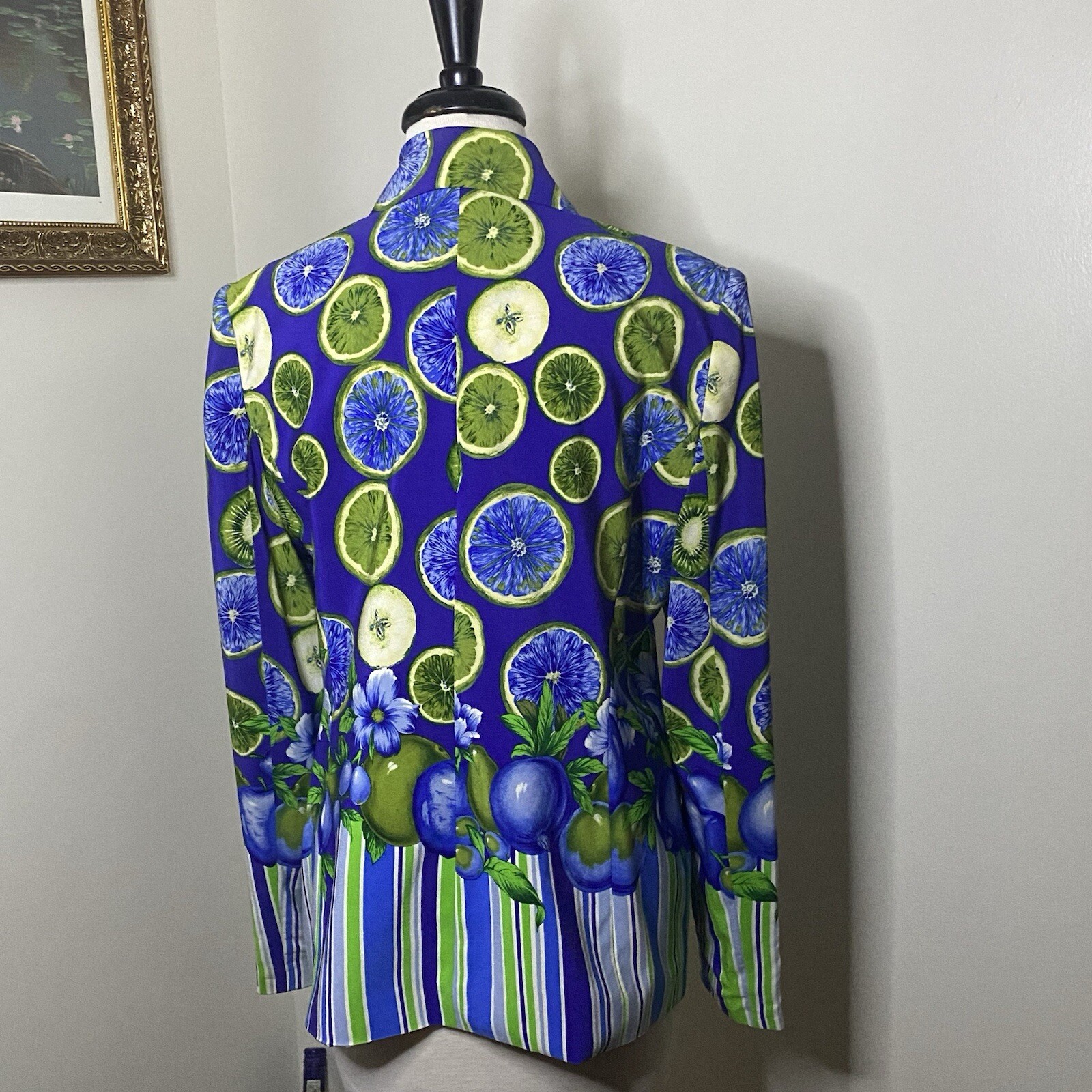 Gorgeous Vintage Silk one button fruit blazer in blues and greens. CRISCIONE NY