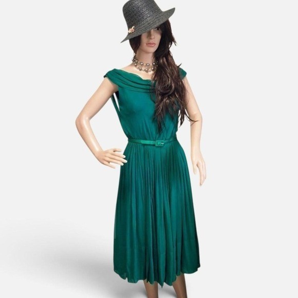 Vintage 50s Emerald Green Chiffon Party Dress XS 2 / 4