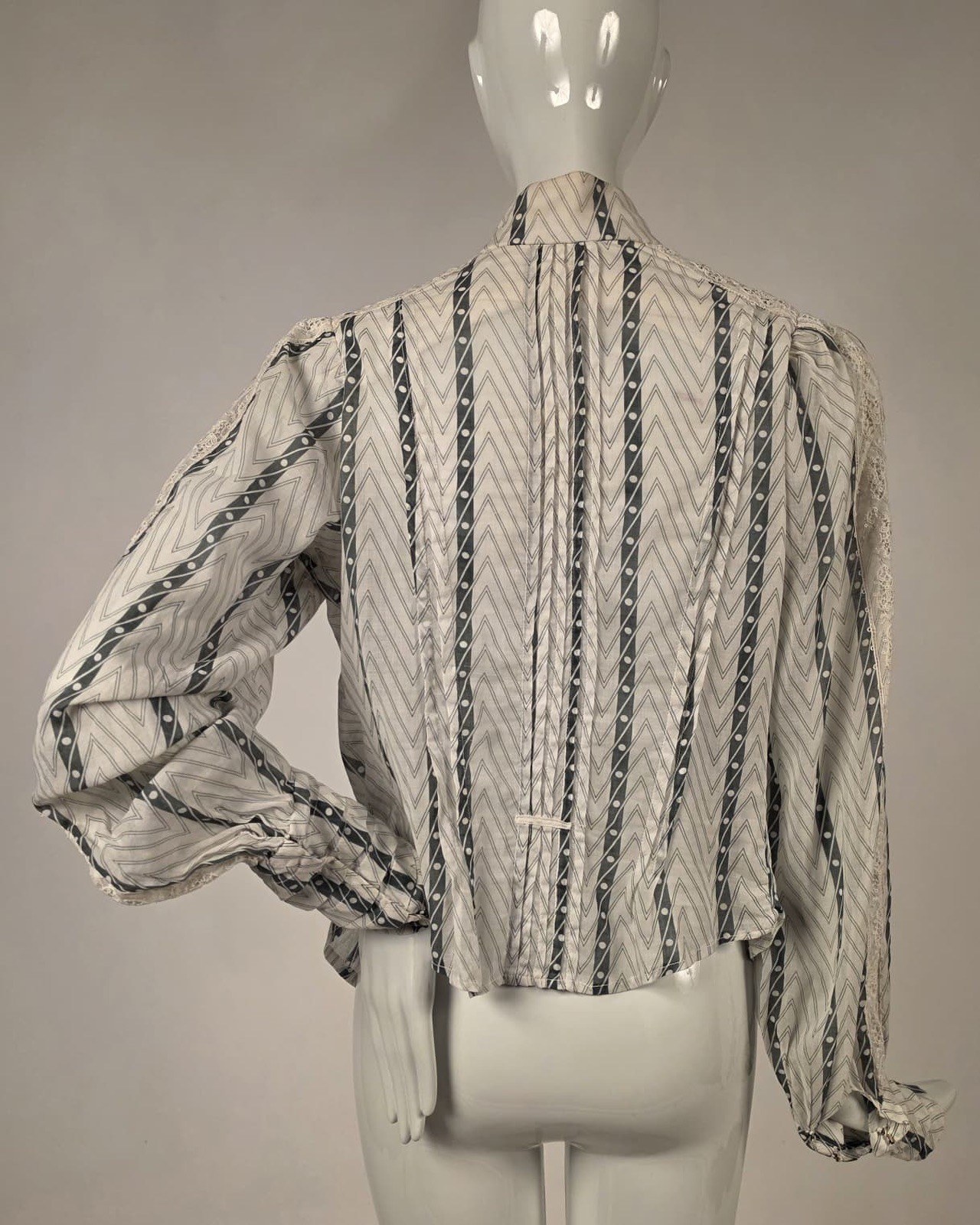 EDWARDIAN STRIPE + ZIG ZAG PRINT THIN MUSLIN BLOUSE W HIGH COLLAR + LACE TRIM