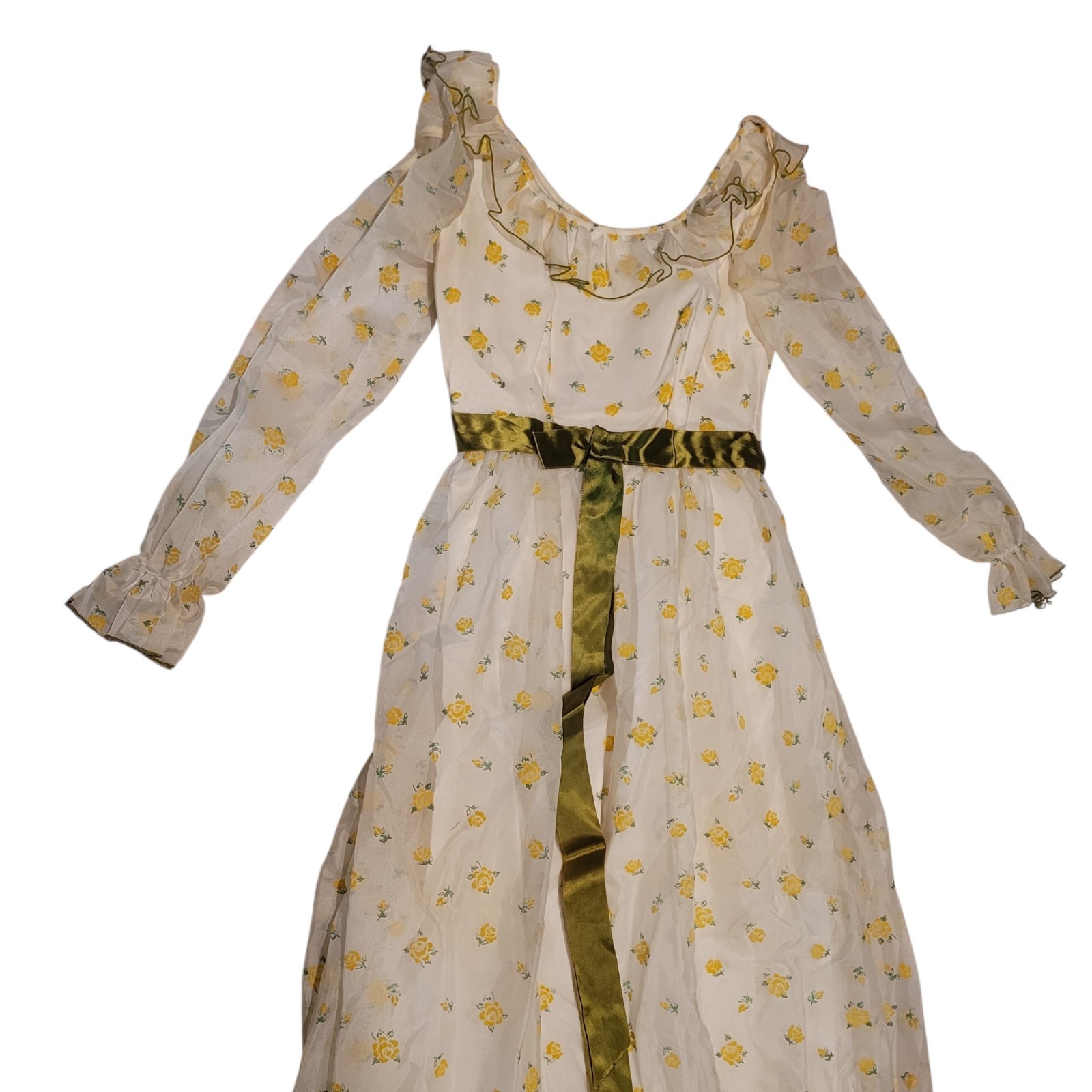VTG white Yellow Flower Green Ruffle Boho Prairie Maxi Long Sleeve Dress 9 Prop