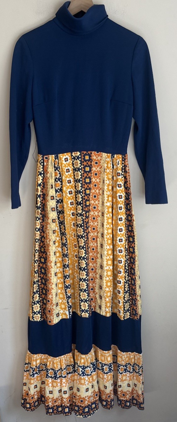 Dress Maxi Vintage 60s 70s Boho Hippy Prairie Floral Womens Size Small Blue