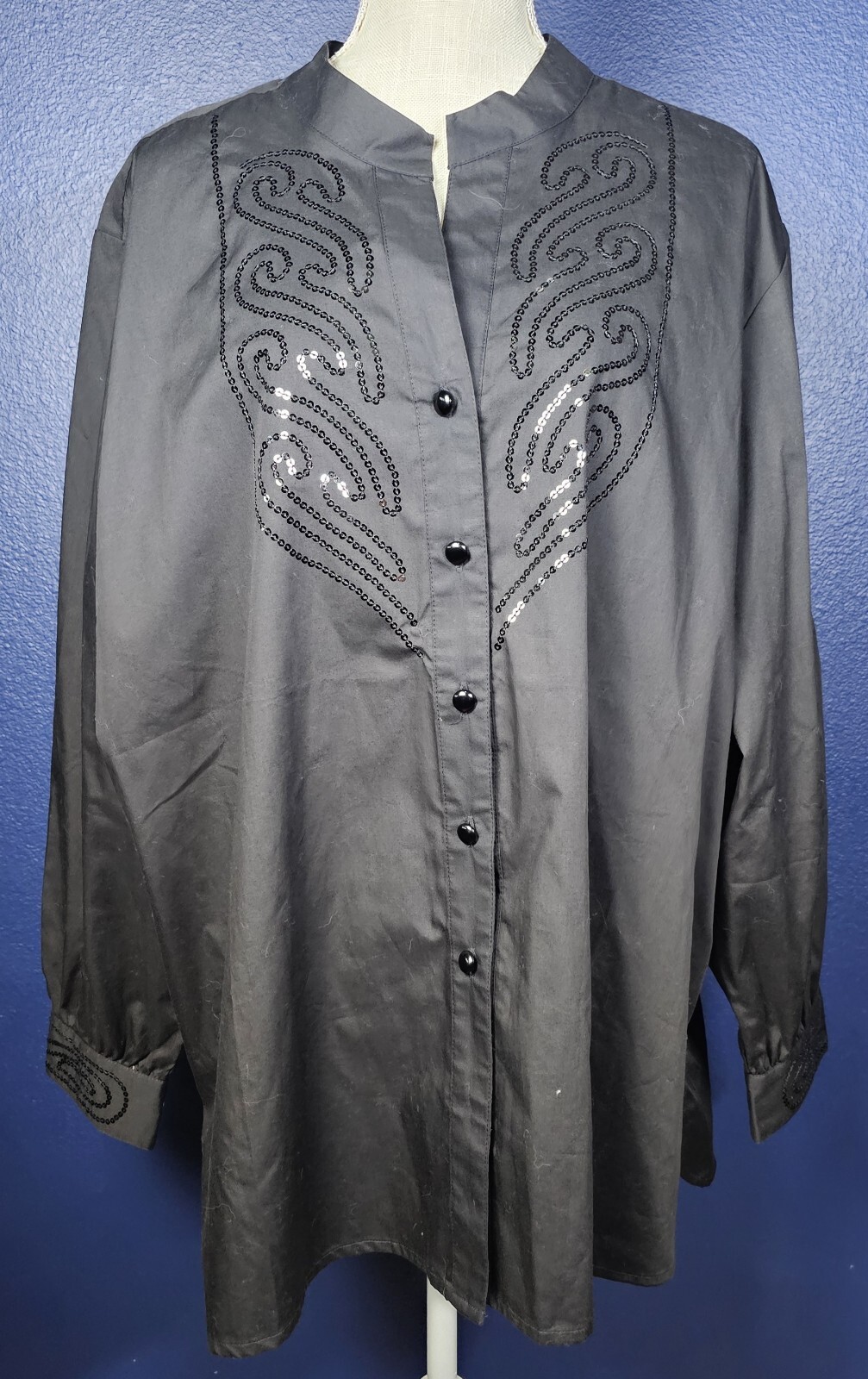 Y2K Bob Mackie Black Cotton Poly Button Up Blouse Western Womens Long Sleeve