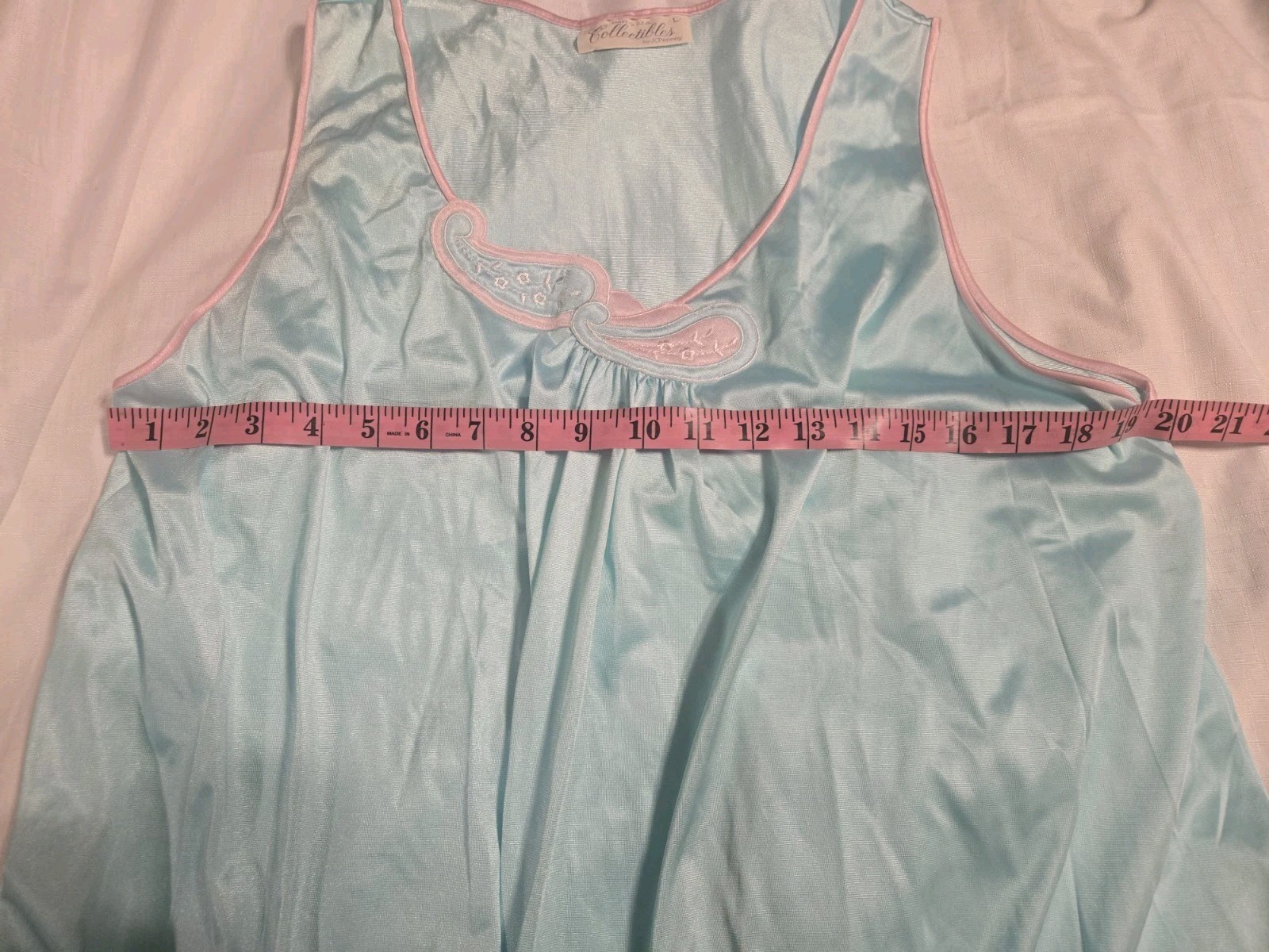 Vtg JCPenney Collectibles Aqua Blue Nylon Tricot Nightgown Embroidered Sz L