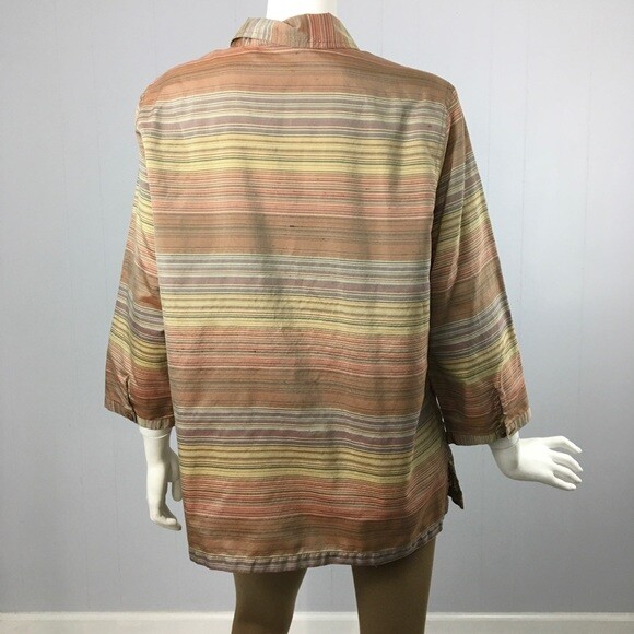 Vintage Koret City Blues Large Brown Silk Shirt Multi Color Striped Blouse