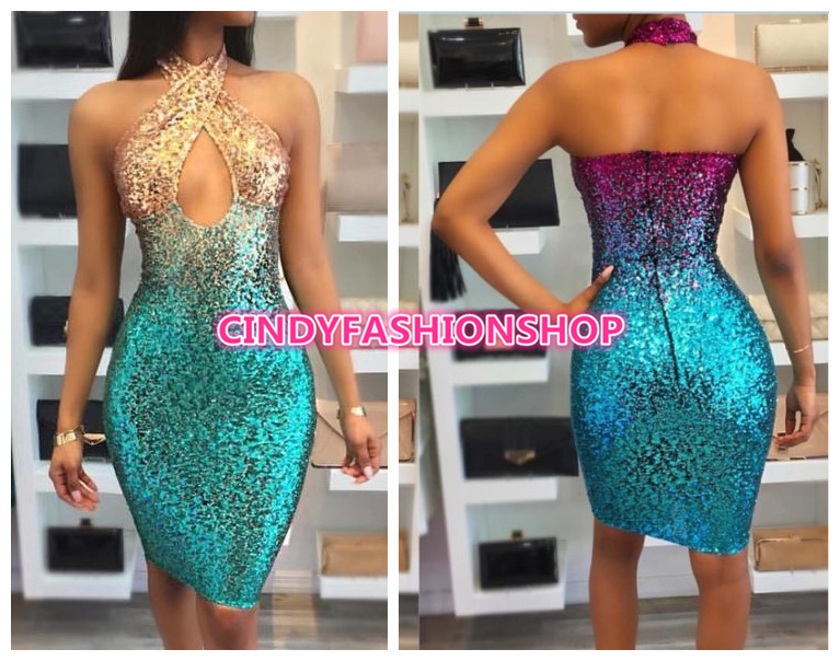 Sexy Backless Chic Sequin Summer Sleeveless Body con Party Halter Clubwear dress