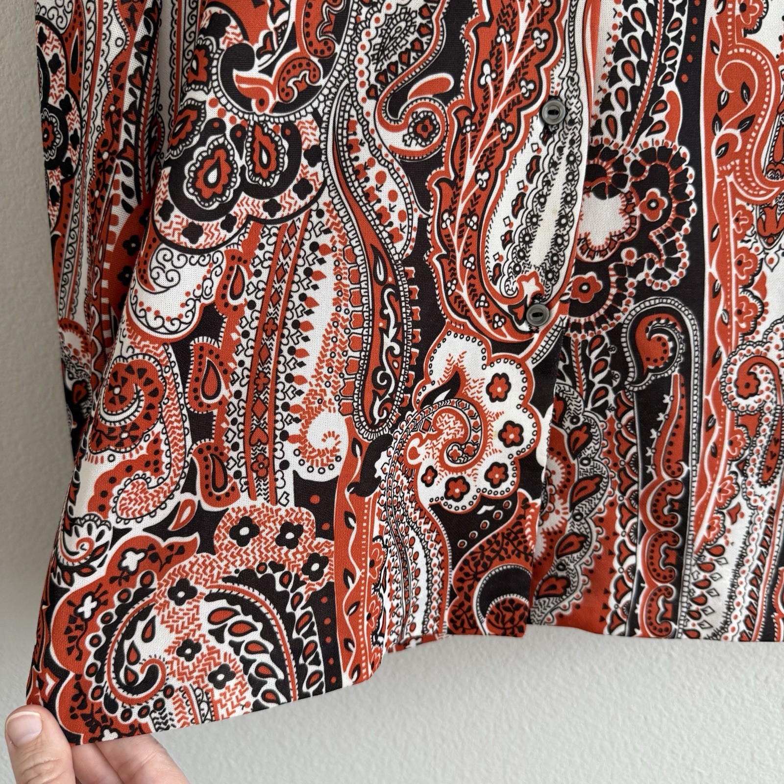 Vintage 70s Paisley Button Up Shirt Womens Large Brown Orange Hipster Disco Boho