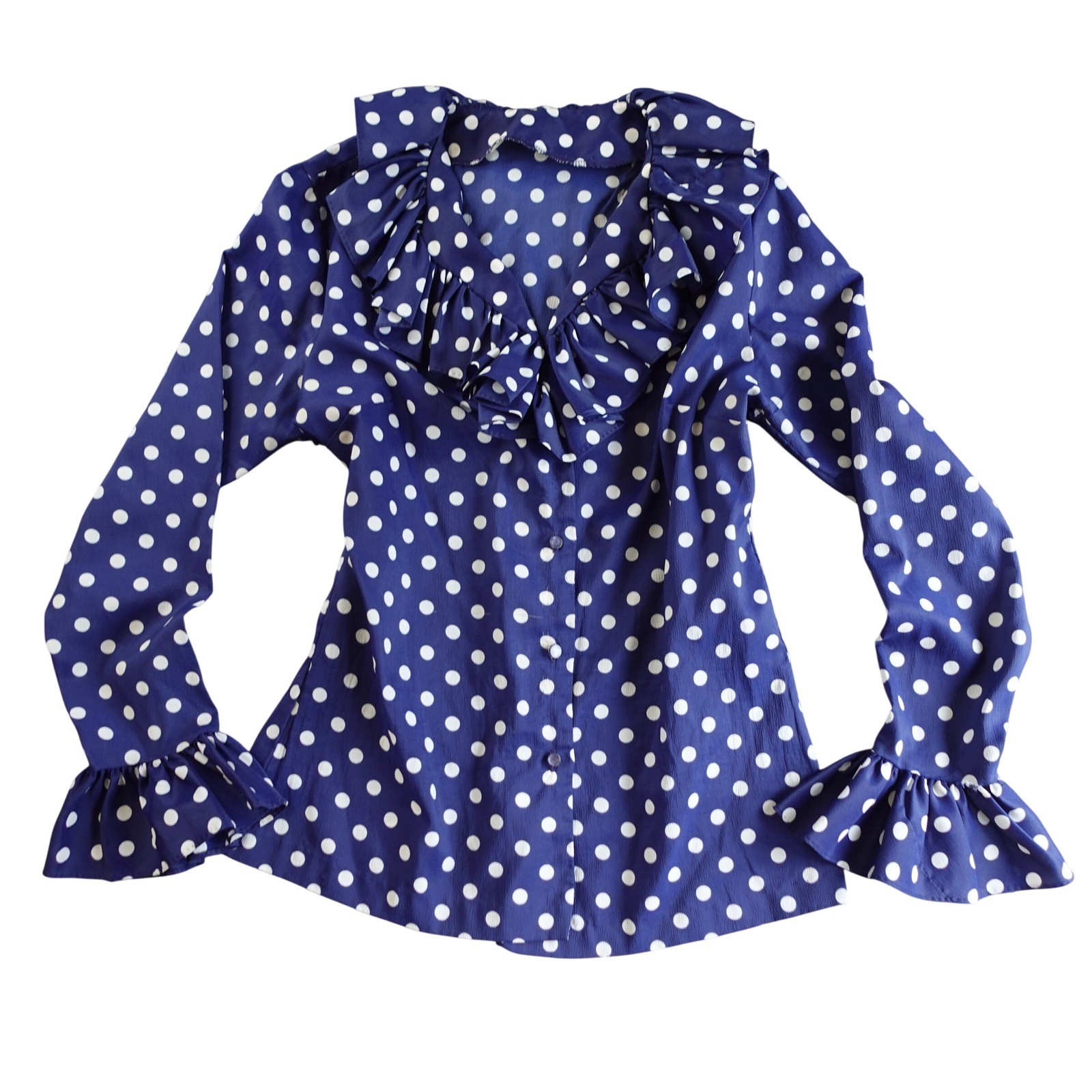 Vtg 70s Polka Dot Blouse Womens M Blue White Ruffle Collar Bell Sleeve Retro Top