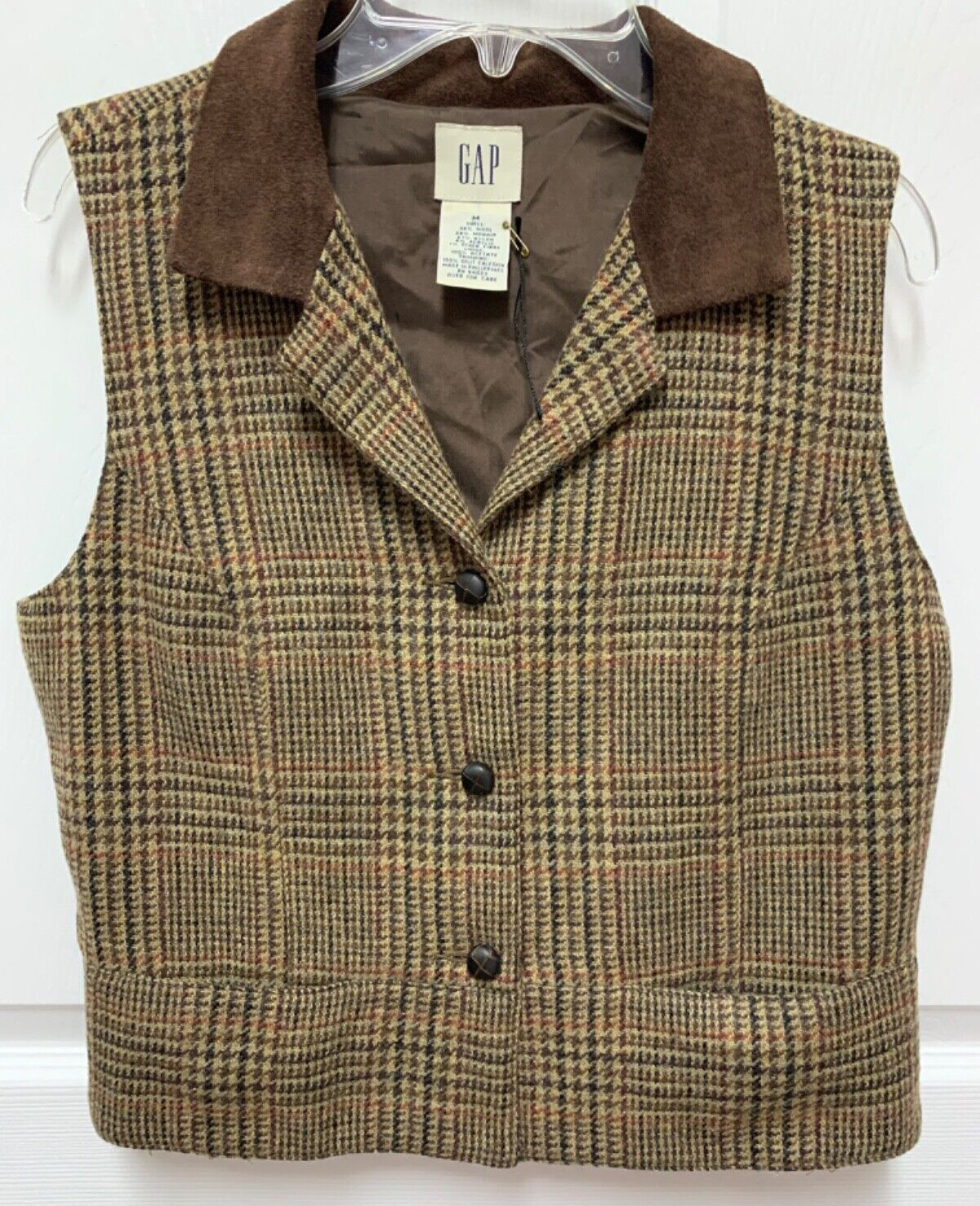 vtg Gap vest size M & pants size 4 menswear brown Plaid wool blend calfskin EC