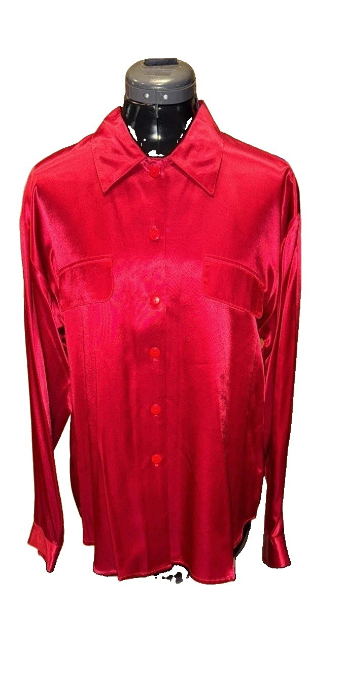 Vintage Y2K Jonathan Martin Blouse Top Button Shirt Red Satin Size M USA