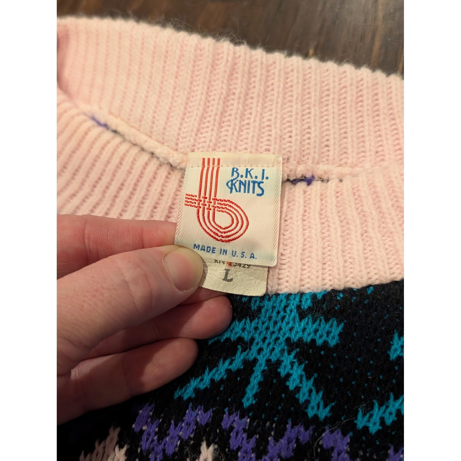 Vintage 90s RKI Knits Sweater Womens L Pink Multi Color Knitted Pullover USA