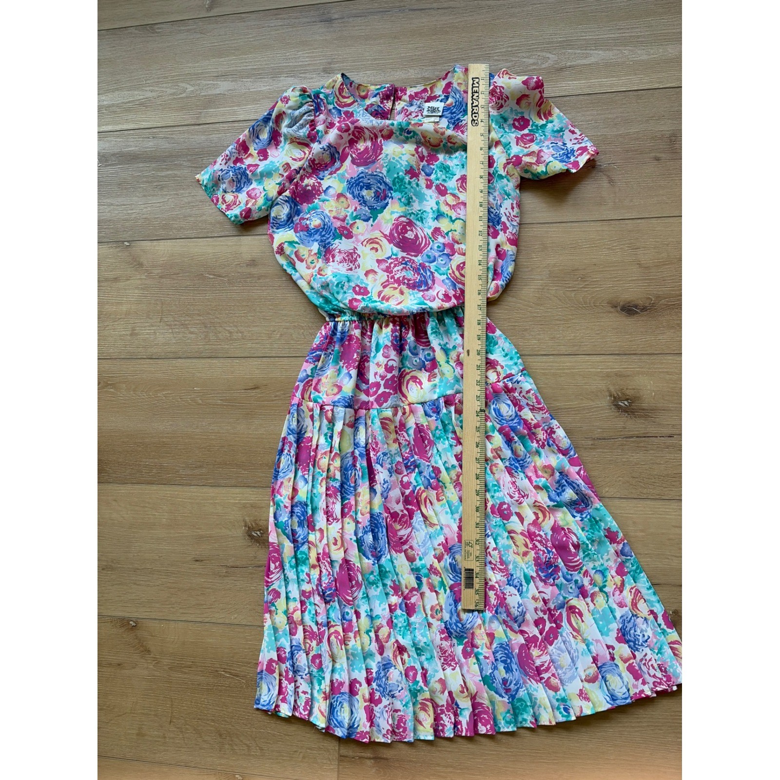 Vintage Miss Oops California Floral Pleated Midi Dress Pink Blue Size 8 80s