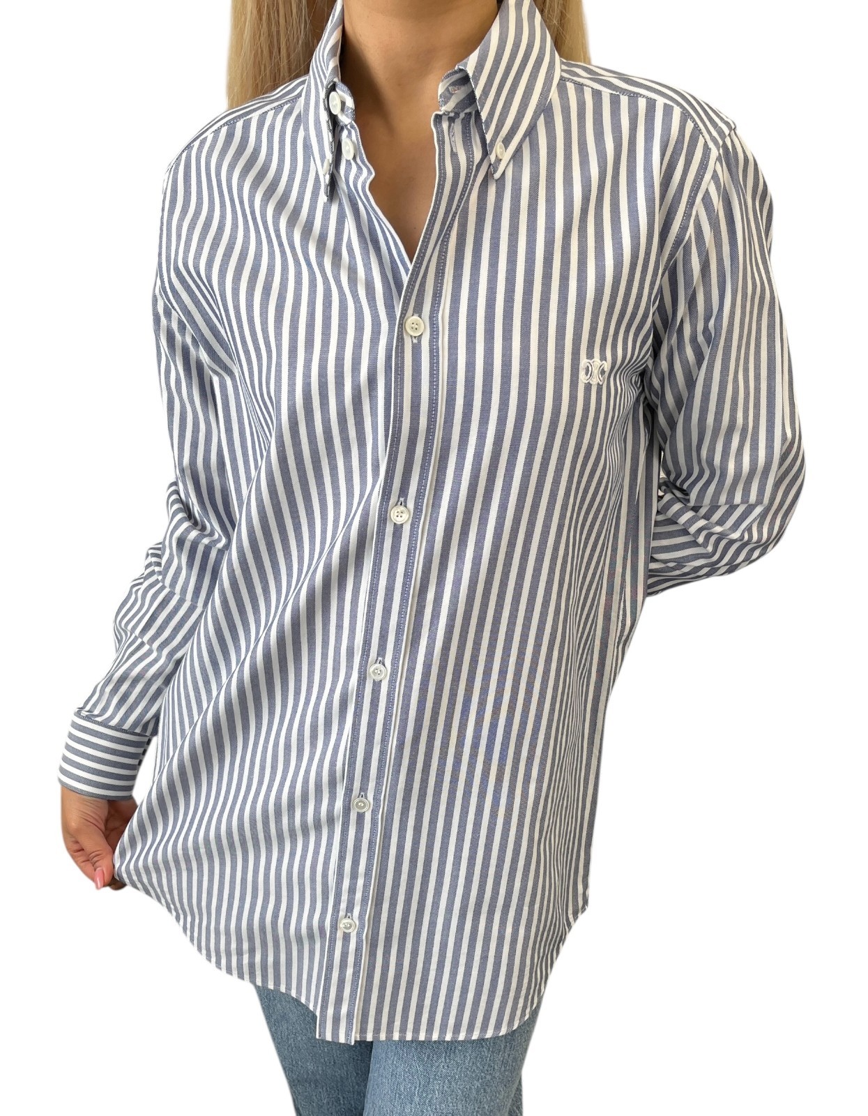 CELINE Triomphe Logo Stripe Button Up Shirt Long Sleeve #36 Blue White Cotton