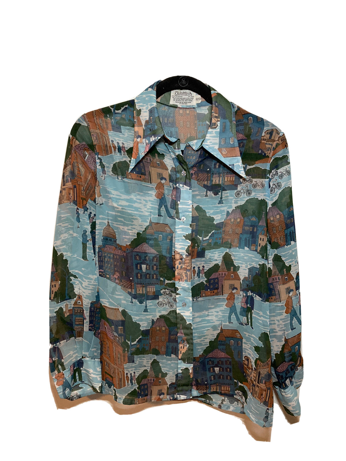 Vintage Loubella Blouse, Size 12/13 (Med/Large), Polyester Shirt. Street Scene.