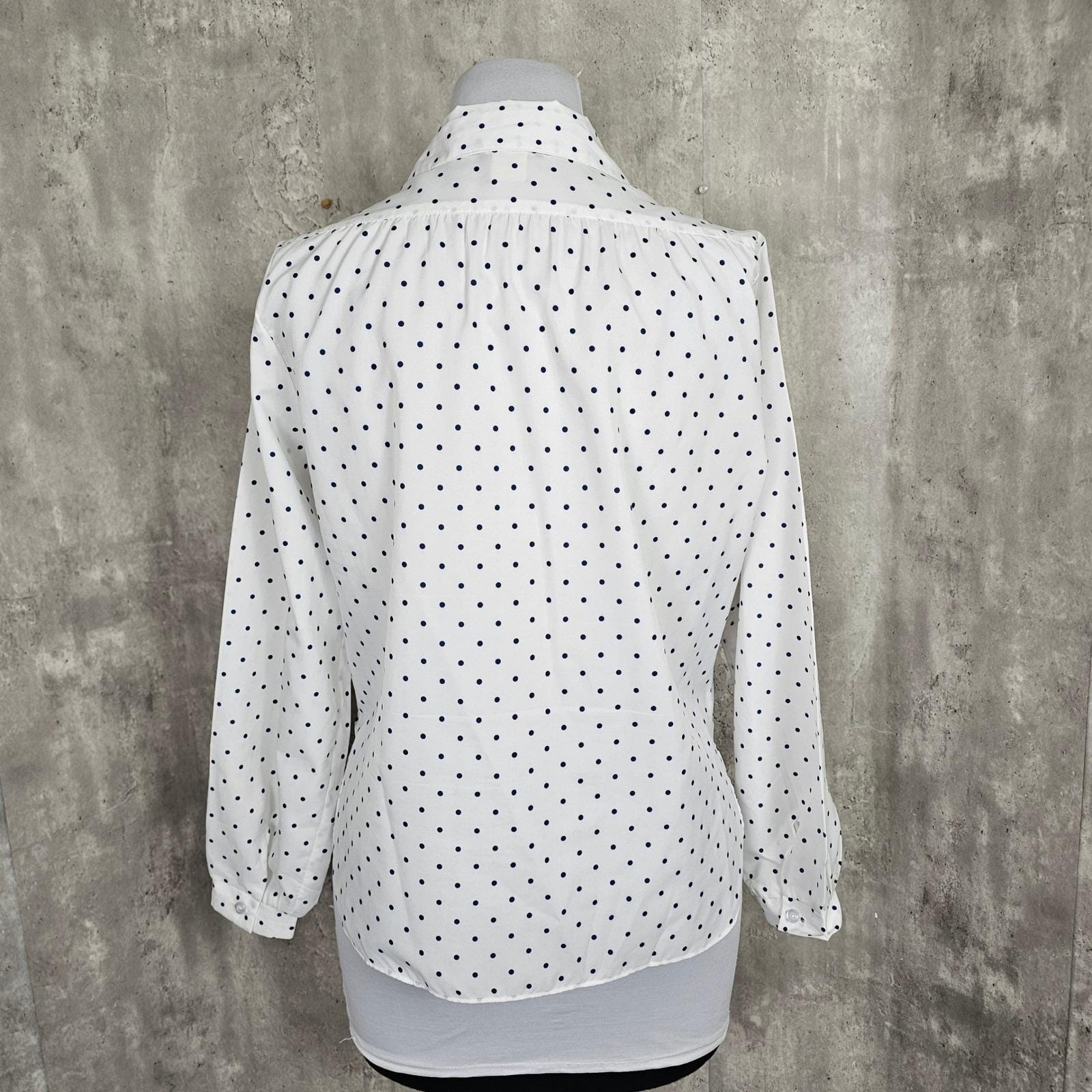 Vintage 80s 90s Lori of California L/XL Navy White Polka Dot Blouse Chic Casual