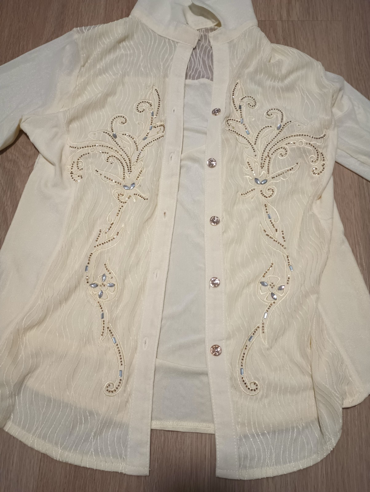 Vtg 70s Stretchy Mesh Sparkly Beaded Lemon Yellow Western Dance Country Top M