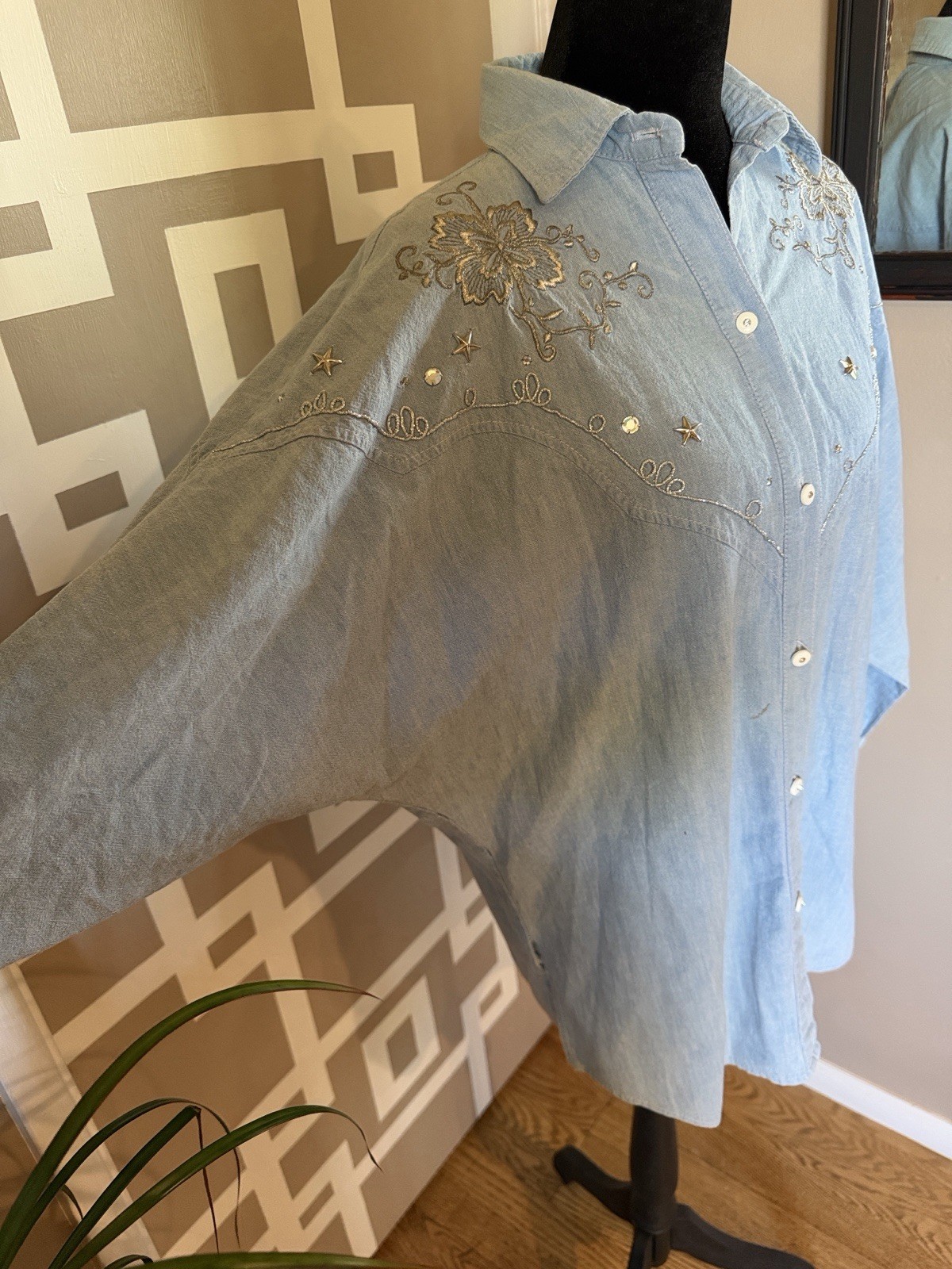 RARE VTG H BAR C California Ranchwear 1970s Water Women’s Shirt Silver Embrdry M