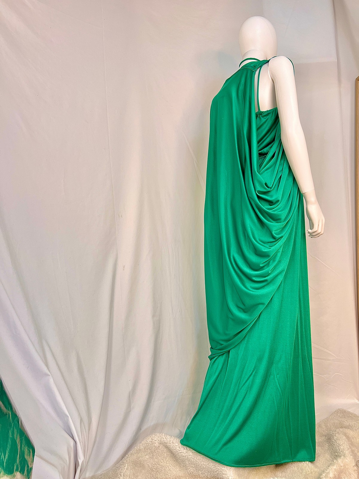 1970s Kelly Green Disco Dress and Wrap Set, M