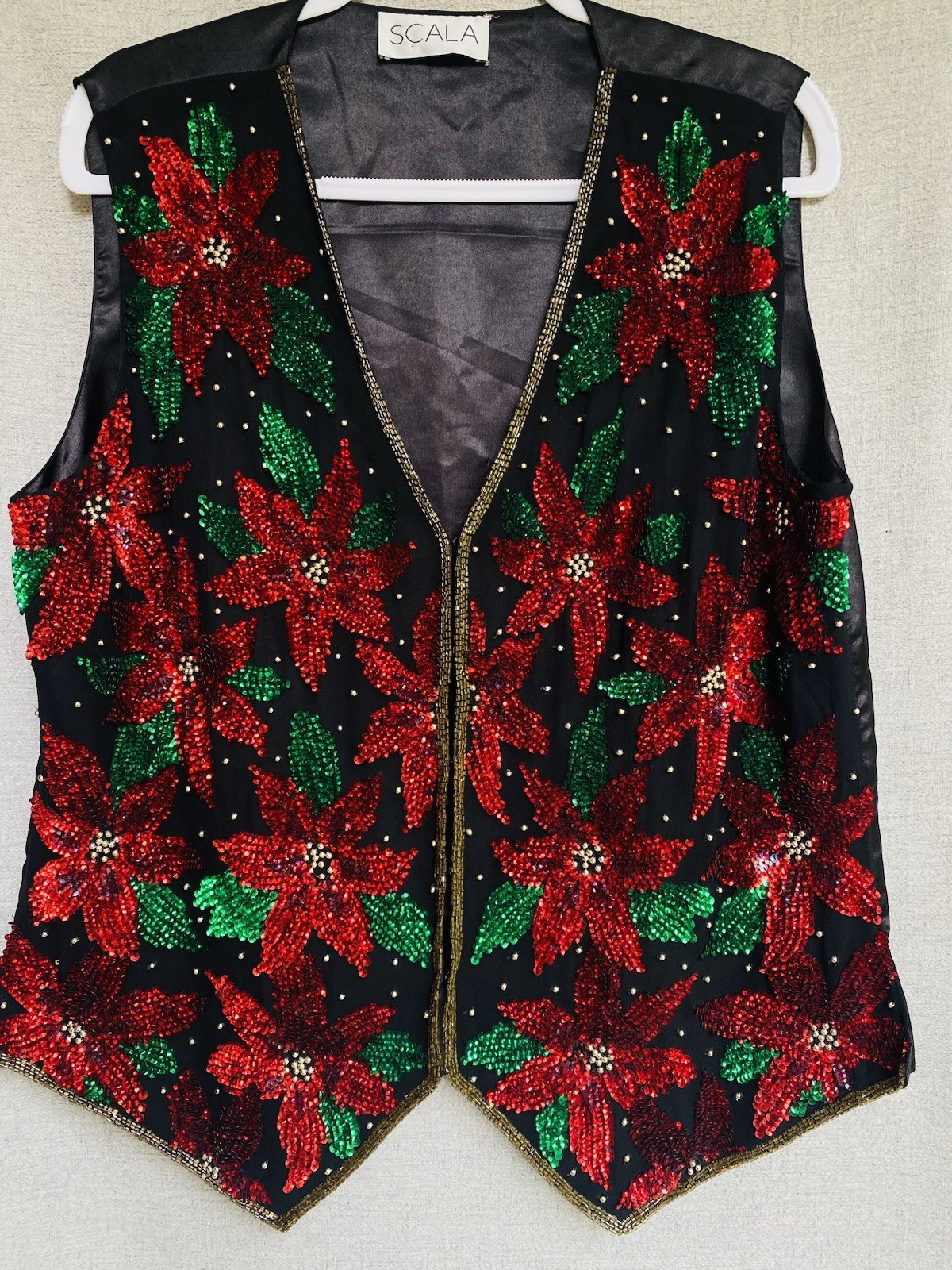 SCALA Vest Black Red Beaded Sequin Poinsettia Festive Core Christmas Holiday VTG
