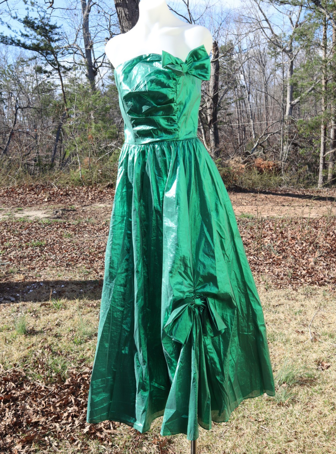 Vintage 80s 90s Green Metallic Prom Party Dress Pageant Bow Strapless Small