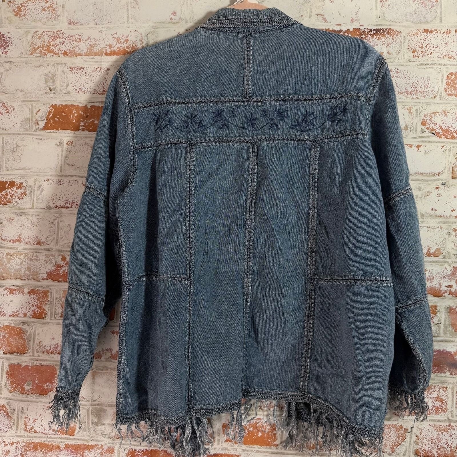 Vtg Dressbarn Jacket Womens 16W Blue Embroidered Fringe Boho