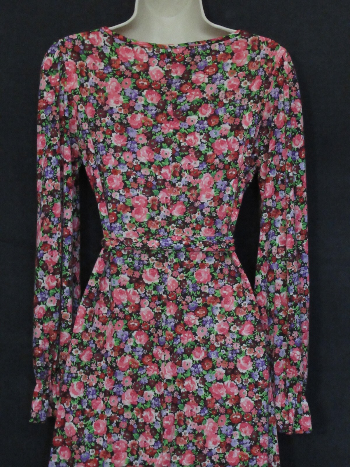 70’s Vintage Eva Robert Janan Italy Black Pink Floral Keyhole Belted Midi Dress