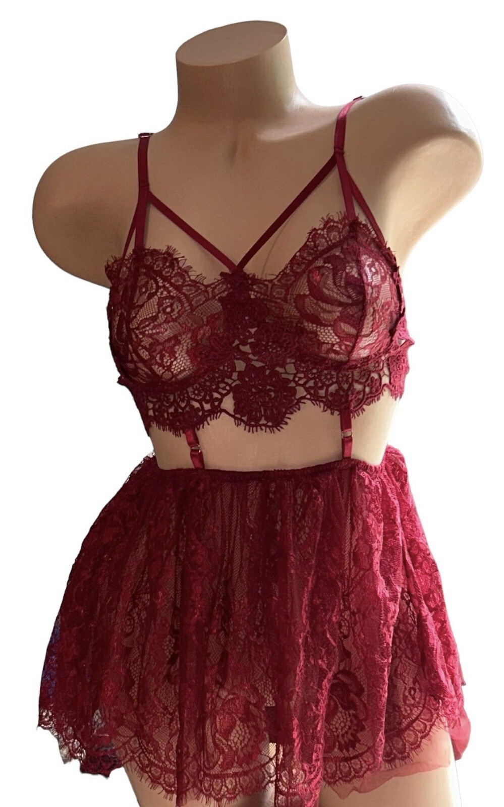 Avidlove Maroon Shiny Silky Lace Sheer Romper Nightie Women’s S NOS
