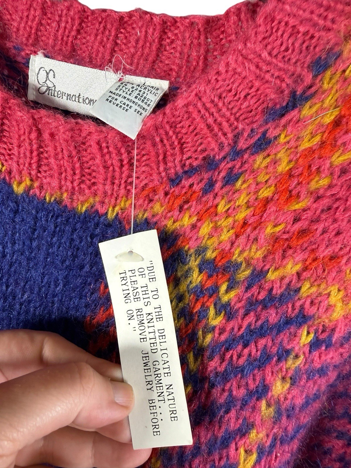 Vintage 80s Mohair Sweater NWT Plaid Fuzzy Pink Chunky Knit Oversized Grunge L
