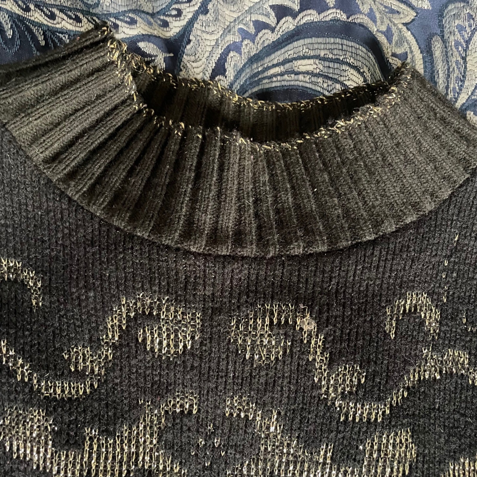 Vintage Black Gold Metallic Lurex Scroll Pattern Mock Neck Sweater Made in USA