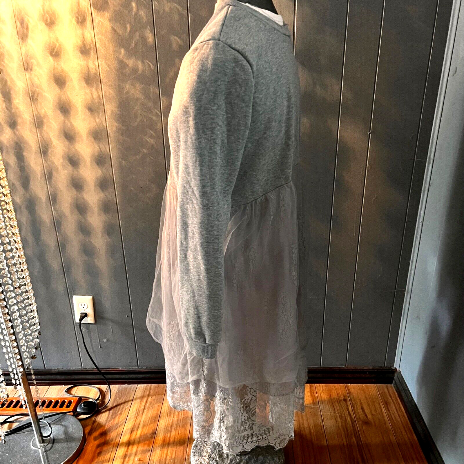 VTG Boho DRESS Sweatshirt ‘n Lace Grey ‘ish Blue’ Unique Handmade 2XL Hippie Y2K