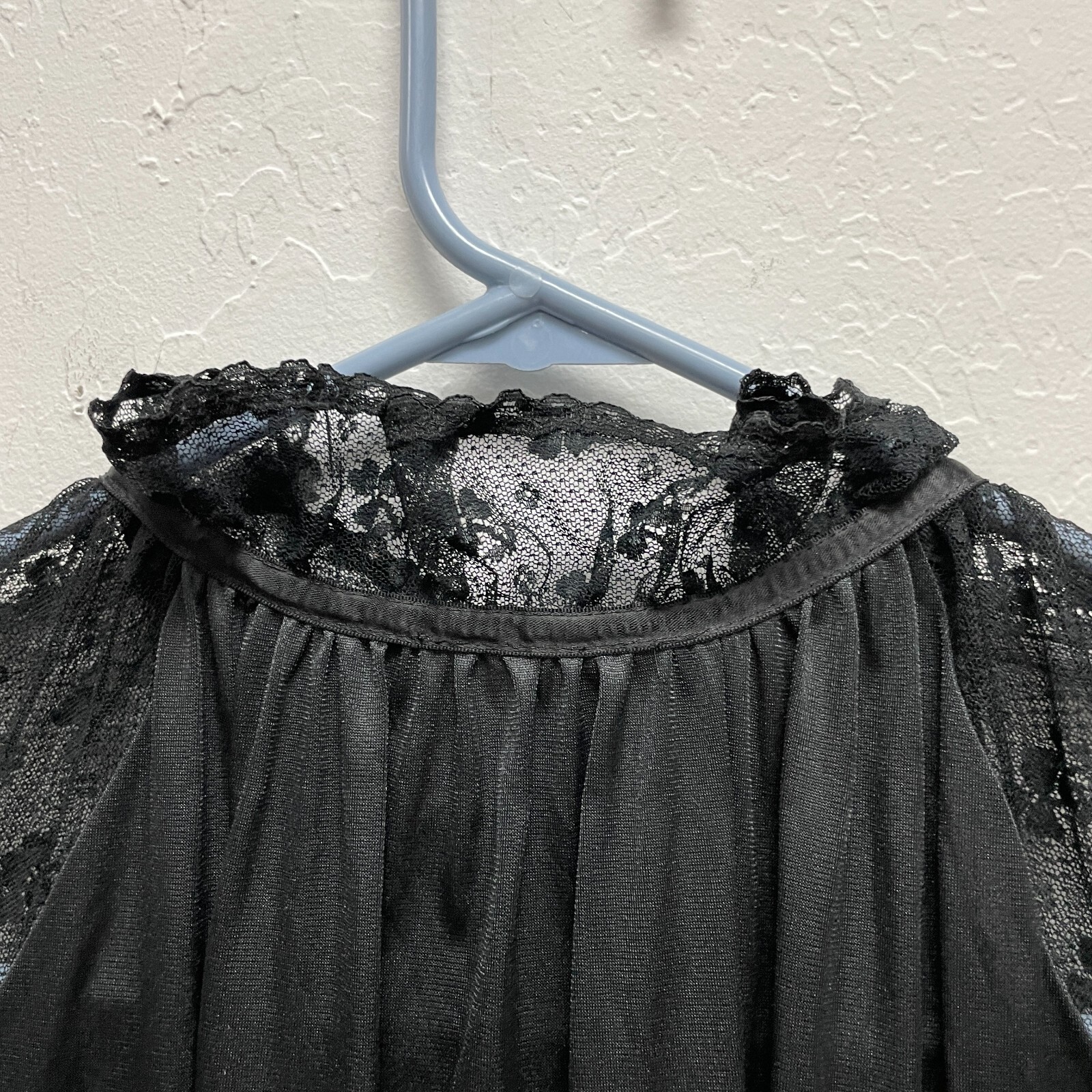 Vtg Jolie Two Nylon Hostess Robe JC Penney Sheer Lace Sleeve M Ruffle Long Black